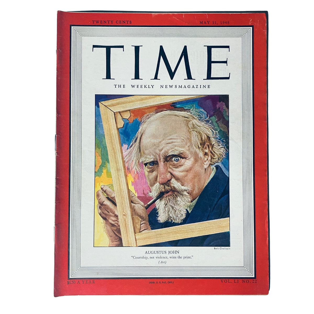 Time Magazine cover from May 31, 1948, featuring Augustus E. John, a renowned British painter, with a quote on the cover about artistic expression.