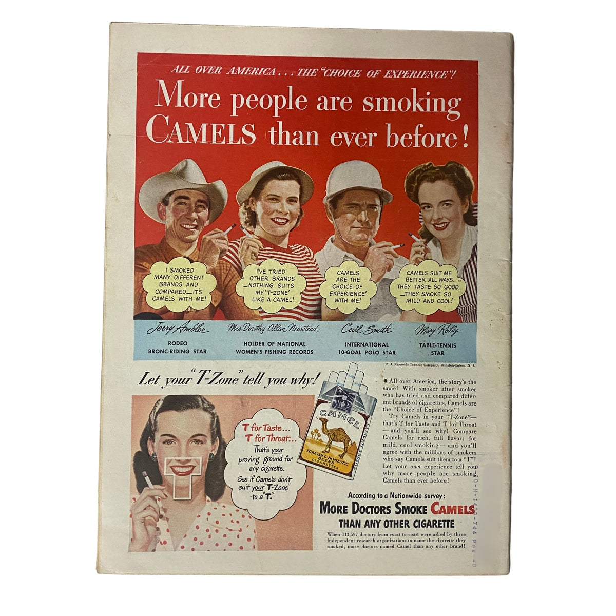 Back cover of Time Magazine February 2, 1948 Vol 51 No 5 featuring a vintage Camel cigarette advertisement with various endorsers promoting the brand.