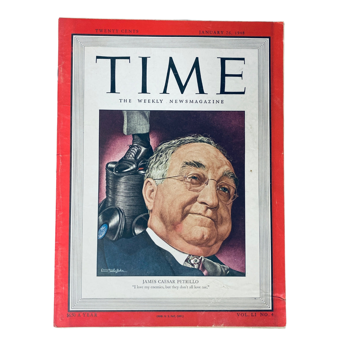 Time Magazine cover from January 26, 1948, Vol. 51 No. 4 featuring James Caesar Petrillo, a prominent labor leader in the music industry, depicted with a thoughtful expression and an iconic quote.