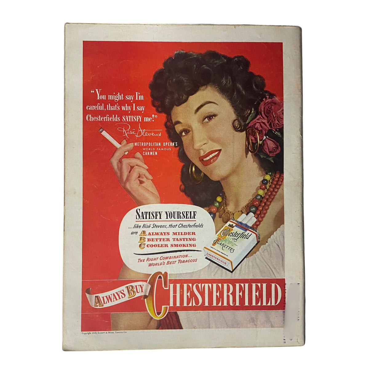 Vintage advertisement featuring a woman promoting Chesterfield cigarettes, with the caption 'You might say I'm careful, that's why I say Chesterfields satisfy me!' from Time Magazine January 26, 1948 Vol 51 No. 4.