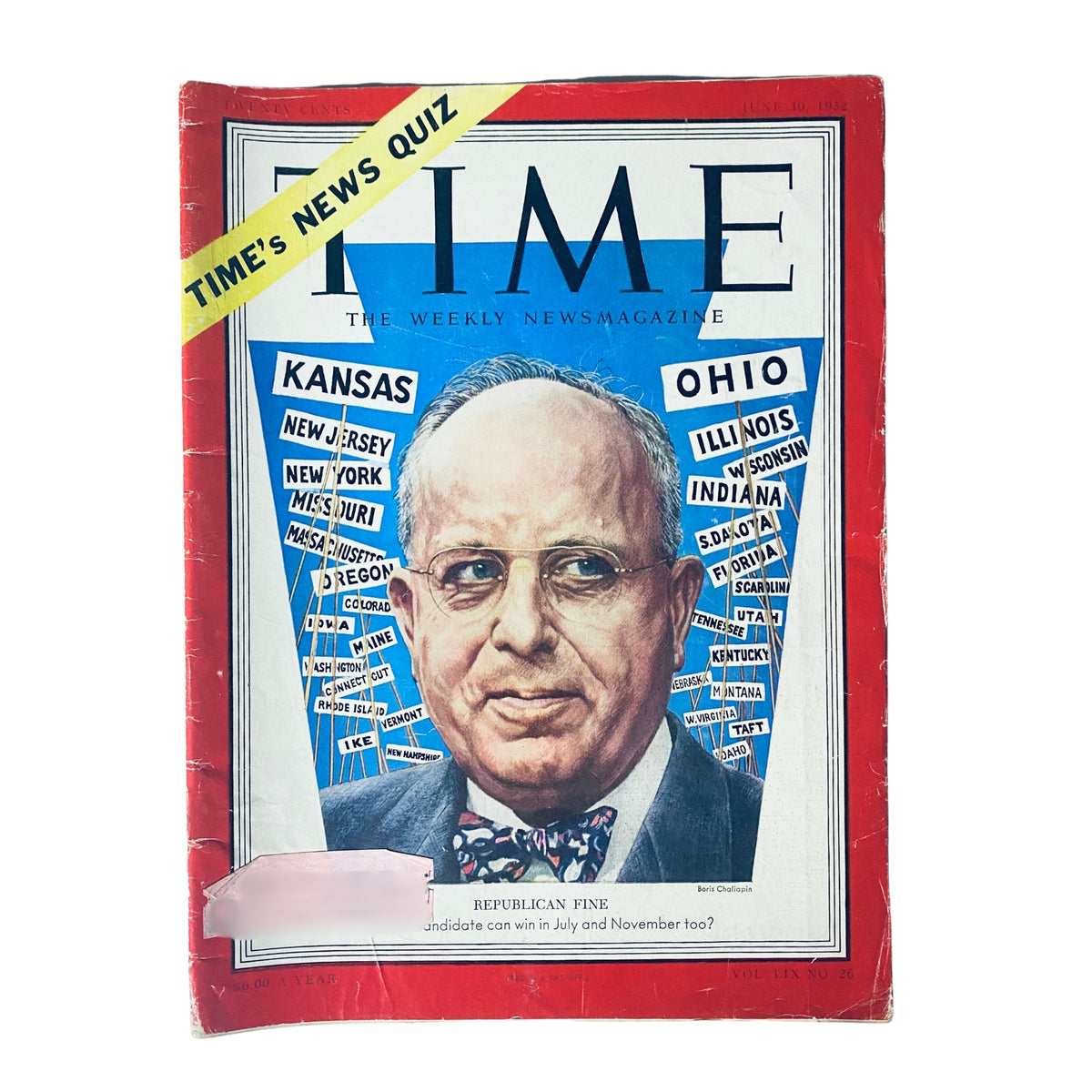 Time Magazine June 30, 1952 featuring Republican John S. Fine on the cover, showcasing his portrait with graphics related to the political landscape, Vol. 59 No. 26.