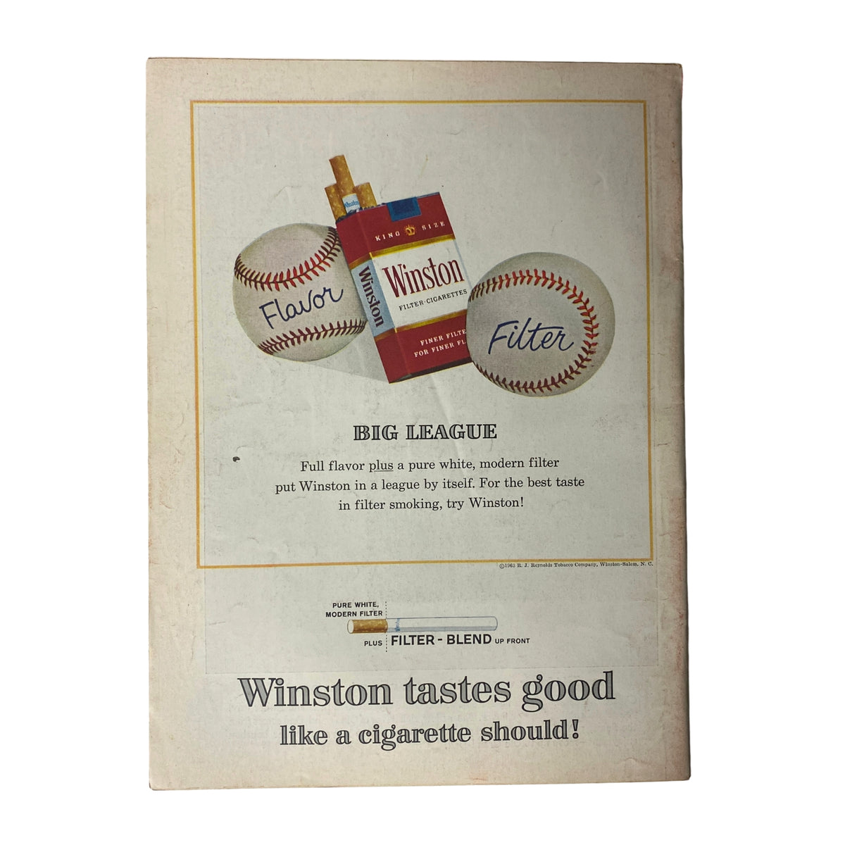 Vintage advertisement featuring a Winston cigarette pack alongside baseballs, promoting the flavor and filter of Winston cigarettes. The ad is from the September 20, 1963 issue of Time Magazine, Vol 82 No. 12, featuring Zygmunt and Jolanta on the cover.