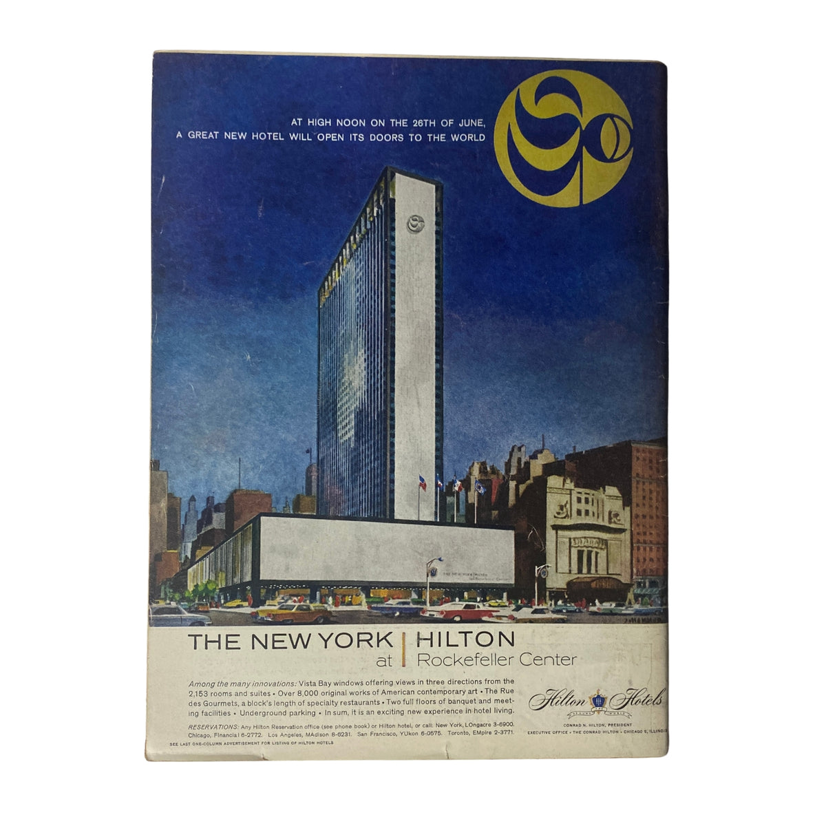 The New York Hilton advertisement highlighting the opening of the hotel at Rockefeller Center, showcasing its modern design and amenities.