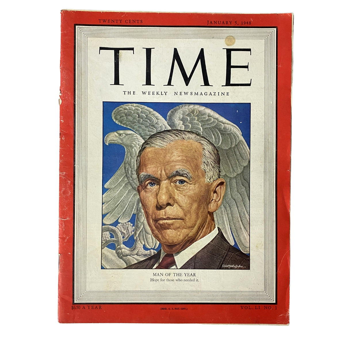 Time Magazine cover from January 5, 1948, featuring George C. Marshall as 'Man of the Year.' The magazine showcases a portrait of Marshall against a backdrop of an eagle, highlighting his contributions to the European Recovery Program post-World War II.
