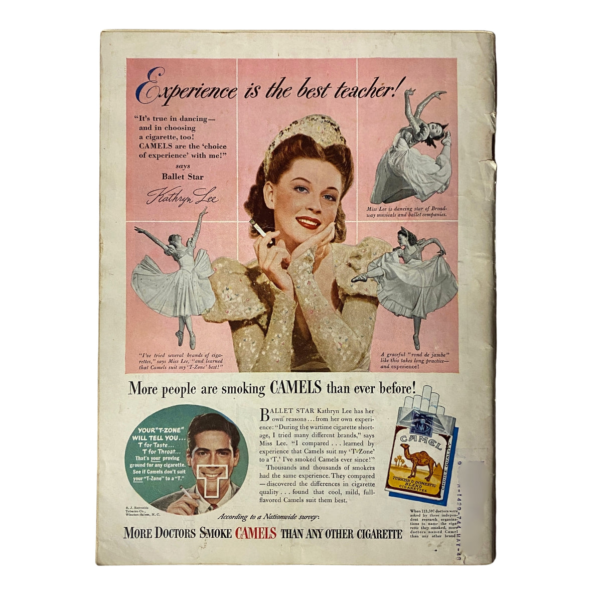 Vintage advertisement featuring ballet star Kathryn Lee endorsing Camels cigarettes from Time Magazine, January 5, 1948, Vol 51 No 1, with a playful design showcasing dance poses and the tagline 'Experience is the best teacher'.