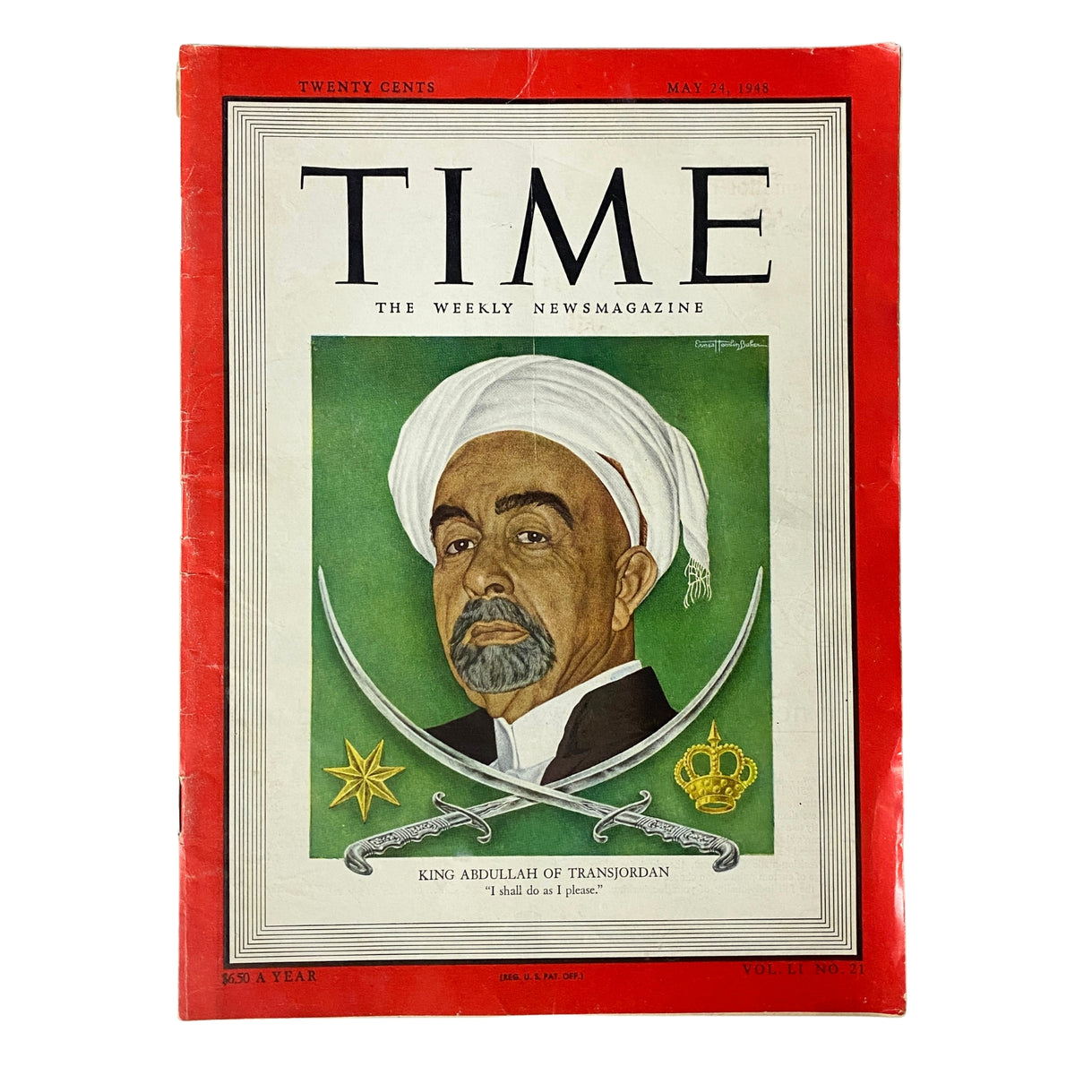 Time Magazine cover from May 24, 1948, featuring King Abdullah I of Transjordan, showcasing a portrait of the influential political figure along with swords and insignia against a vibrant green background.
