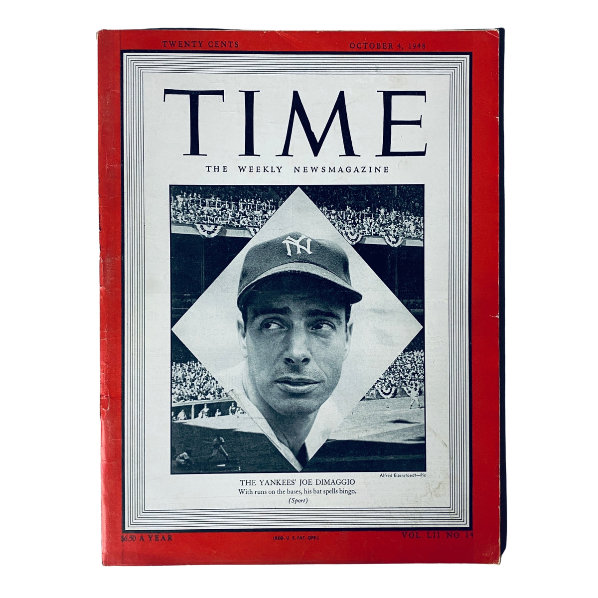Time Magazine cover from October 4, 1948 featuring The Yankees' Joe DiMaggio, highlighting the legendary baseball player with a portrait image and sports theme.