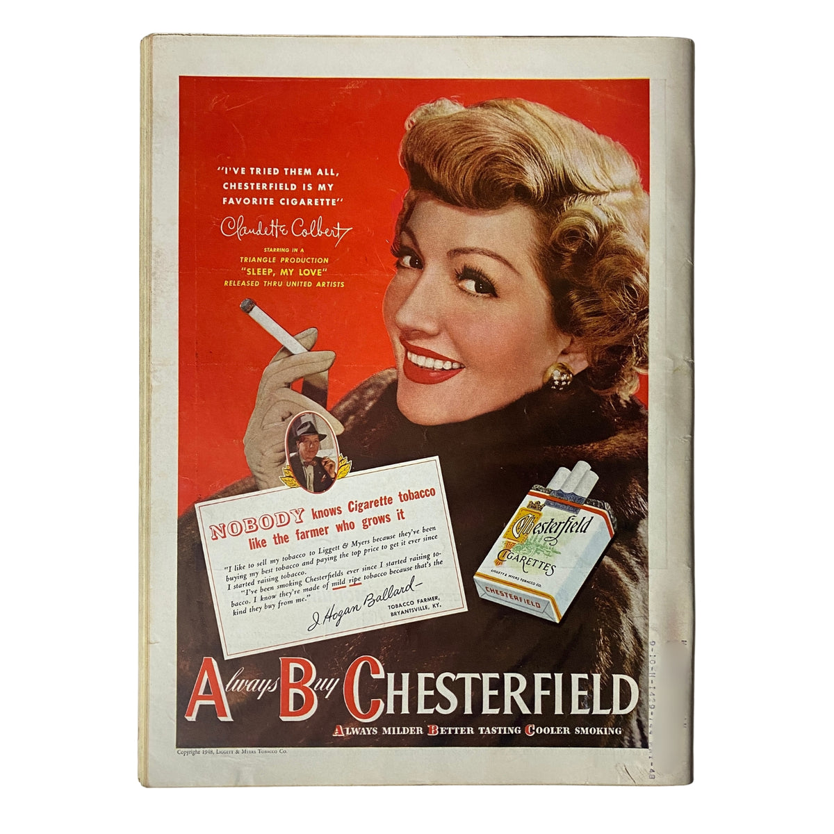 Vintage advertisement for Chesterfield cigarettes featuring actress Claudette Colbert. The ad includes a quote from Colbert endorsing Chesterfield as her favorite cigarette.