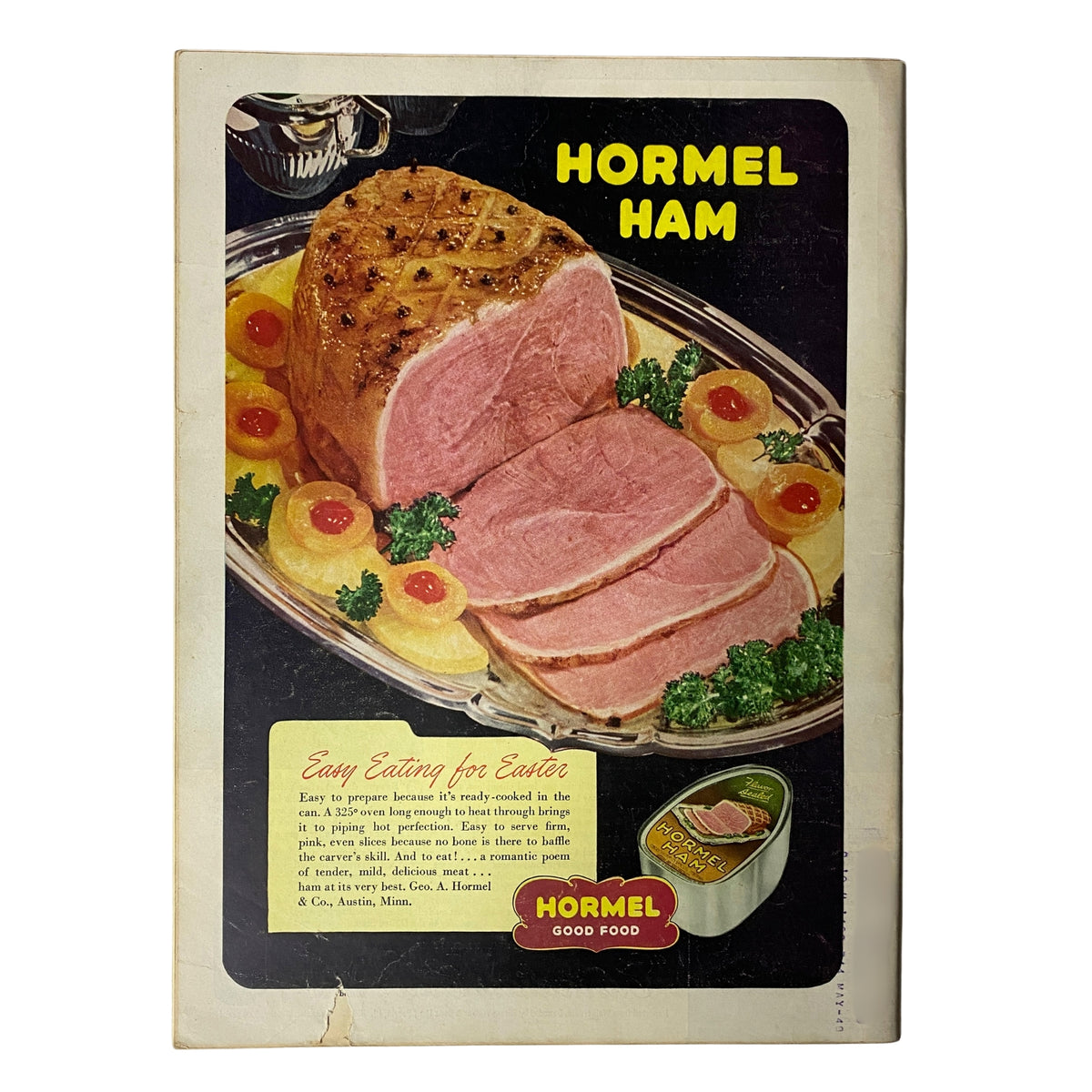Vintage advertisement for Hormel Ham featured on the cover of Time Magazine March 8, 1948 Vol 51 No. 10, highlighting the convenience of ready-cooked ham for Easter meals.
