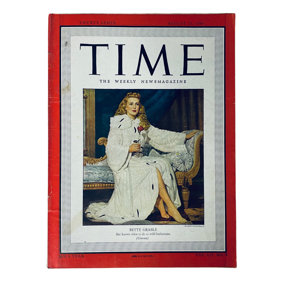 Time Magazine August 23, 1948, Vol 52 No. 8 featuring Betty Grable on the cover, known for her iconic status as a glamorous actress and pin-up star from the 1940s.
