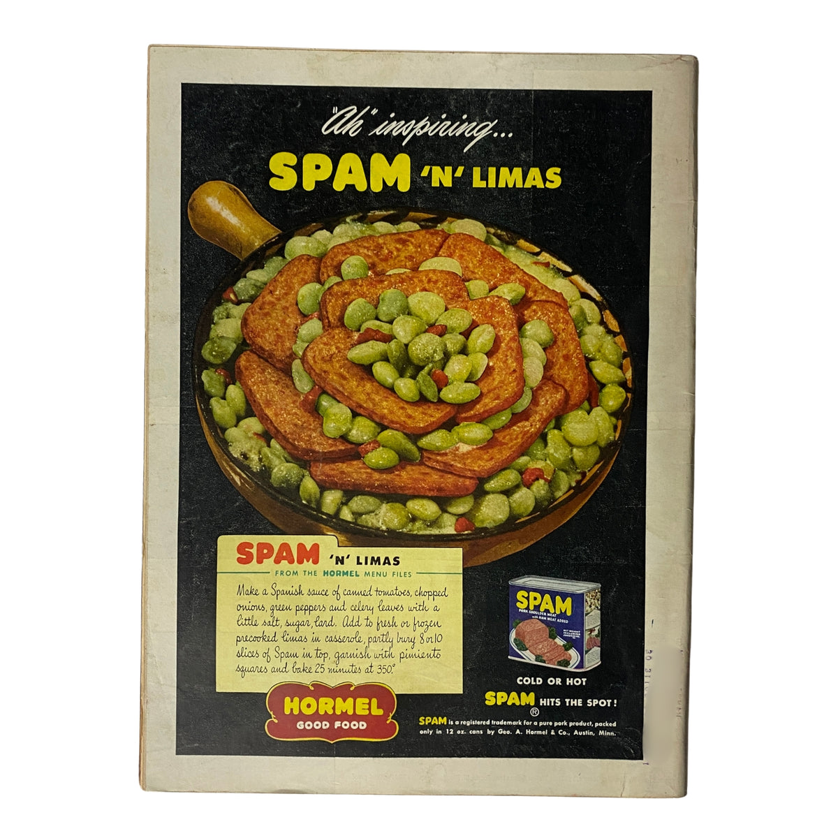 Vintage advertisement for 'Spam 'n' Limas' recipe from Hormel, showcasing a dish made with Spam and lima beans in a colorful presentation.