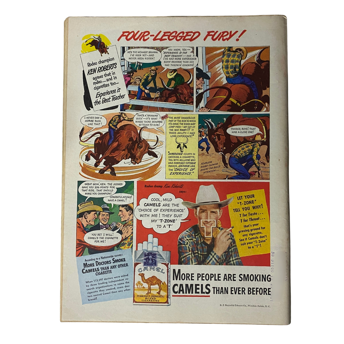 Vintage advertisement featured in Time Magazine June 21, 1948, Vol 51 No 25, promoting Camel cigarettes with a rodeo theme, showcasing cowboys and bull riding, emphasizing the slogan 'More people are smoking Camels than ever before'.