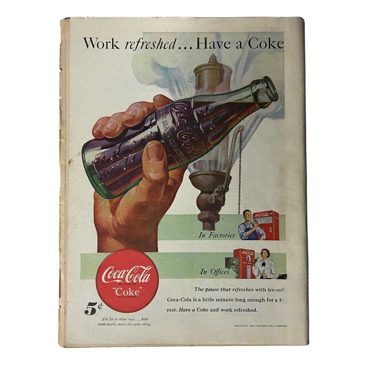 Coca-Cola vintage advertisement from a magazine, promoting the refreshing drink with a hand holding a bottle, emphasizing its enjoyment in factories and offices.