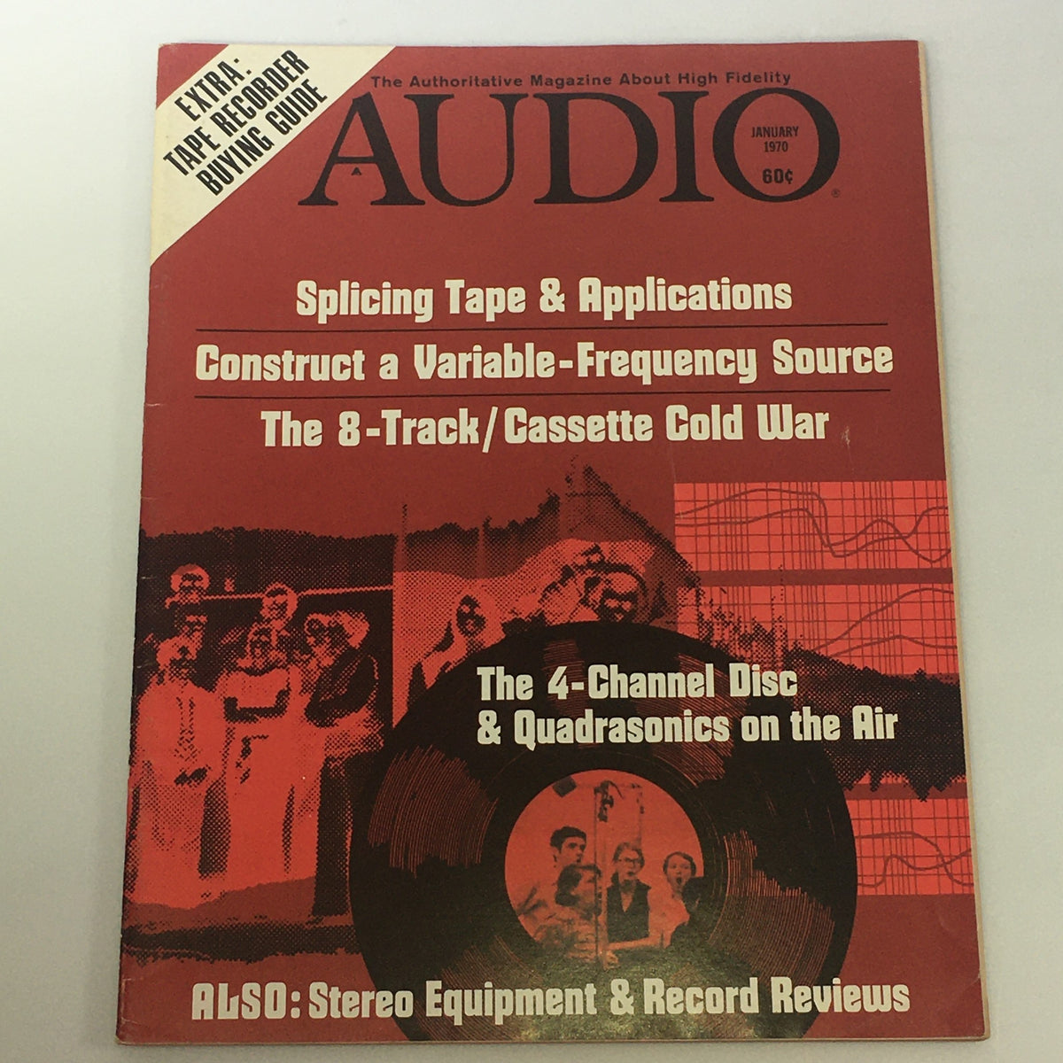 Cover of the January 1970 issue of Audio & Music magazine featuring articles on Splicing Tape, applications, and the 8-Track/Cassette Cold War, highlighting audio technology and trends from that era.