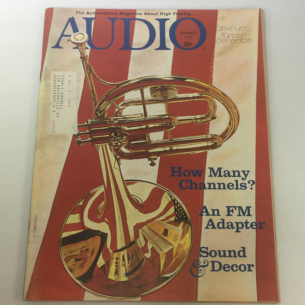 Cover of VTG Audio & Music Magazine November 1970 featuring a brass instrument with a reflective surface, showcasing the title 'How Many Channels? An FM Adapter & Sound and Decor' prominently with vibrant colors.