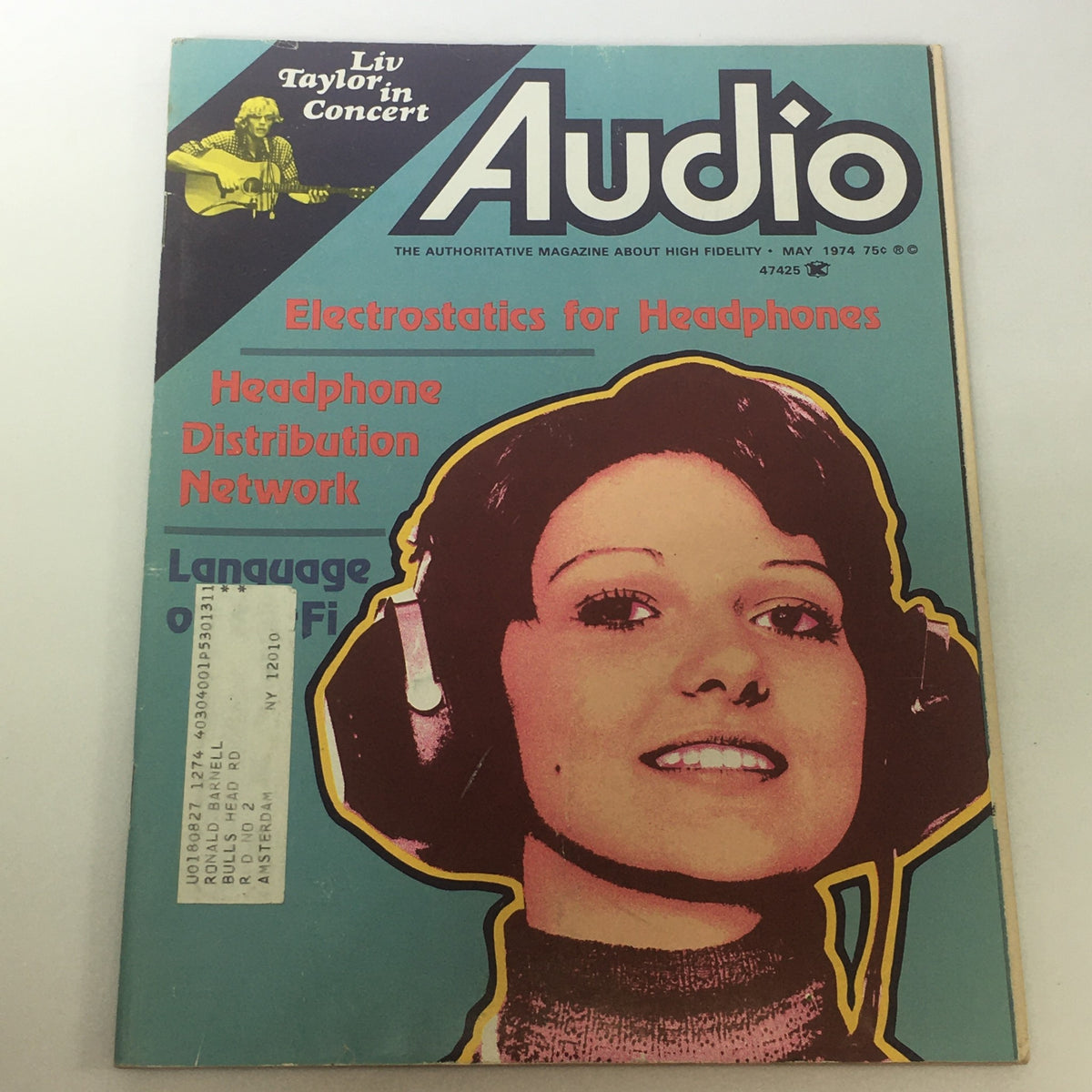 Cover of VTG Audio & Music Magazine from May 1974 featuring Liv Taylor in Concert and articles on the Language of HiFi, showcasing a female model with headphones and vibrant graphics.
