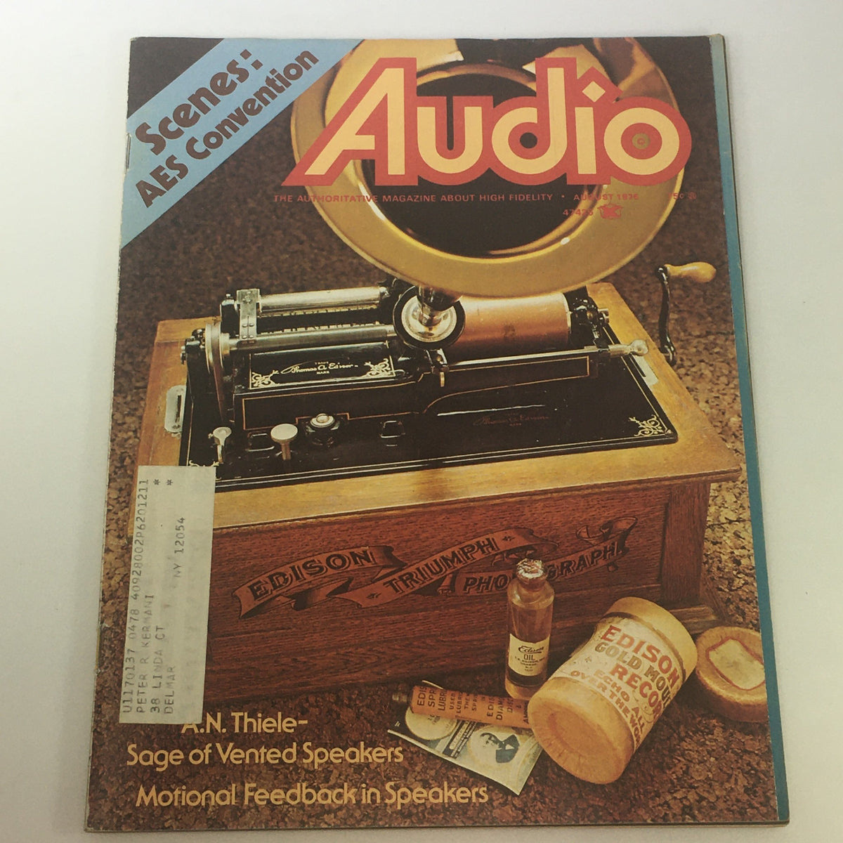 Cover of the VTG Audio & Music Magazine August 1976 featuring A.N. Thiele's article on vented speakers and showcasing a vintage Edison phonograph.