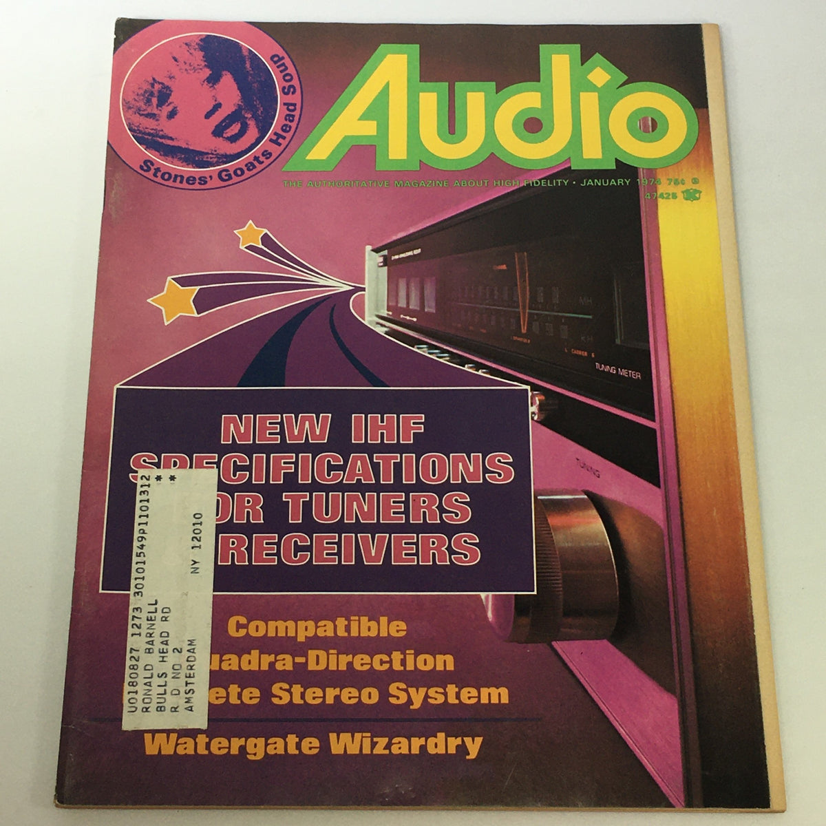 Cover of the Vintage Audio & Music Magazine January 1974 showcasing new IHF specifications for tuners and receivers with vibrant graphics and a vintage address label.