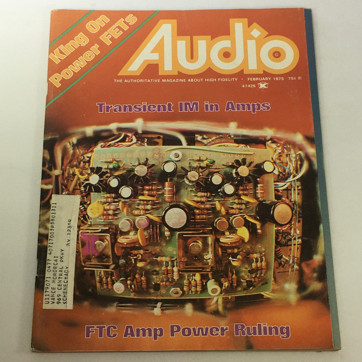 VTG Audio & Music Magazine February 1975 featuring 'King On Power FETs' and an article on 'Transient IM in Amps', showcasing a detailed view of audio amplifier technology and circuits.