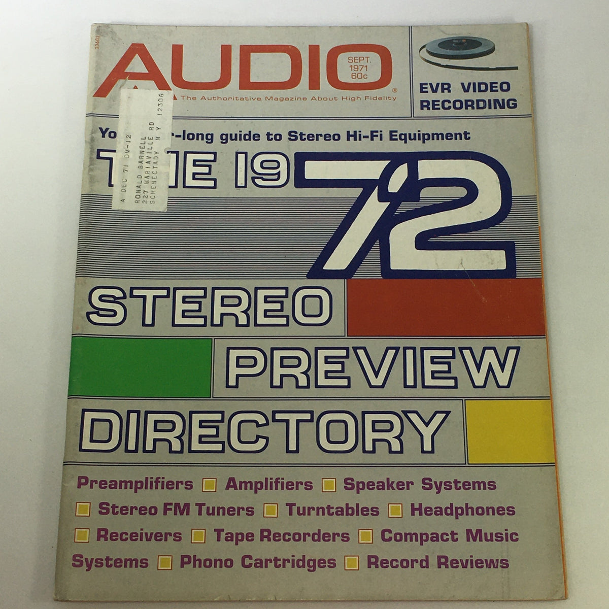 Cover of the VTG Audio & Music Magazine September 1971 featuring 'The 1972 Stereo Preview Directory' with a vibrant design highlighting audio equipment categories.