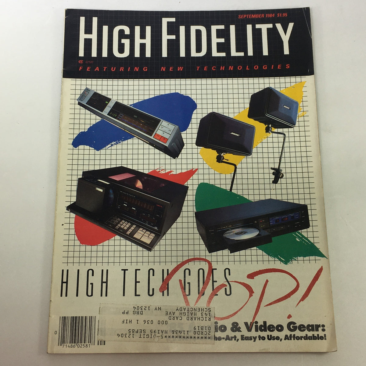 Cover of the VTG High Fidelity Music Magazine, September 1984 issue, showcasing various audio and video equipment, including cassette decks and speakers, with a colorful, retro design highlighting new technologies in the audio landscape.