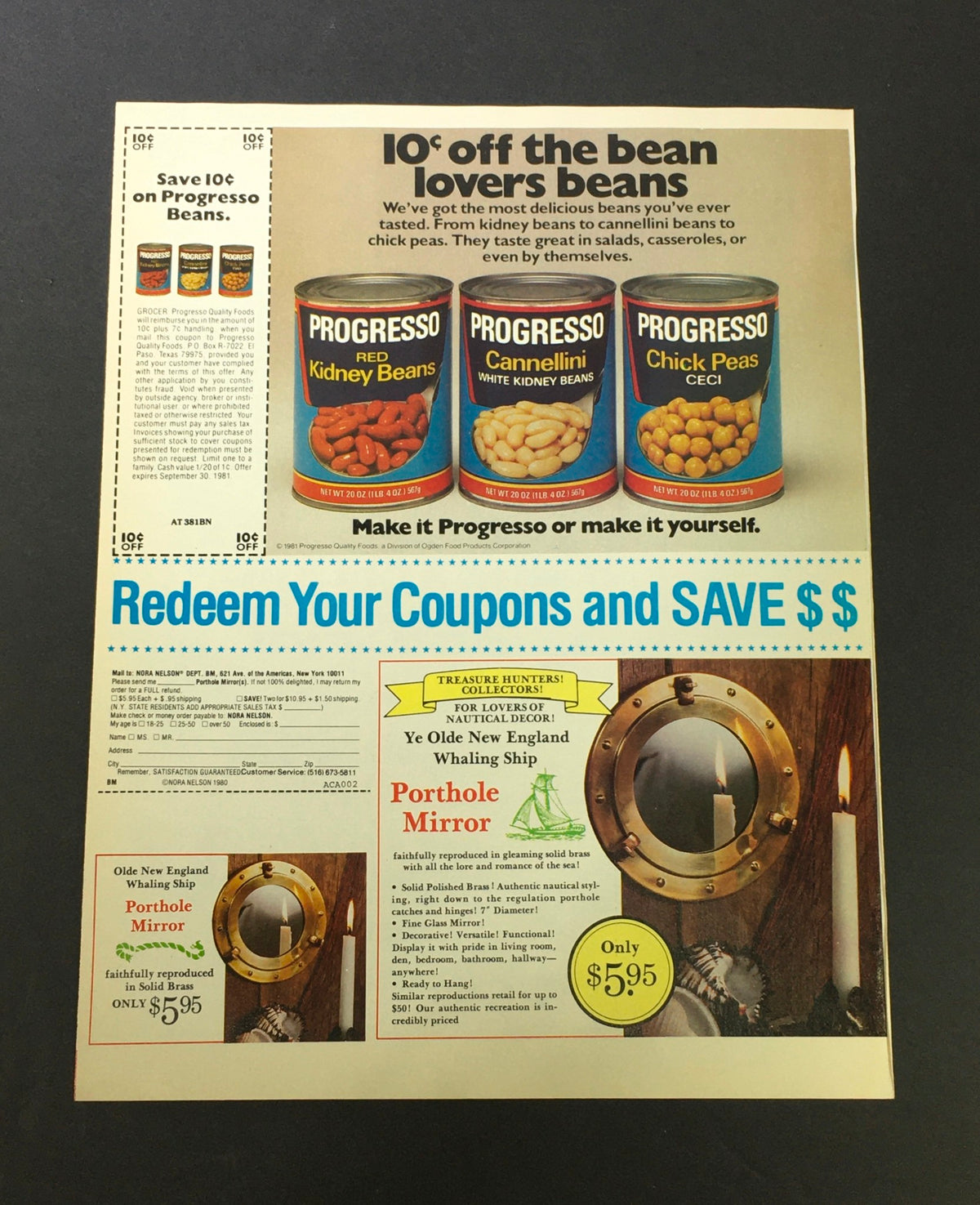 VTG 1981 ad featuring Progresso beans with a coupon offer, showcasing various canned beans and a special deal for a porthole mirror priced at $5.95.