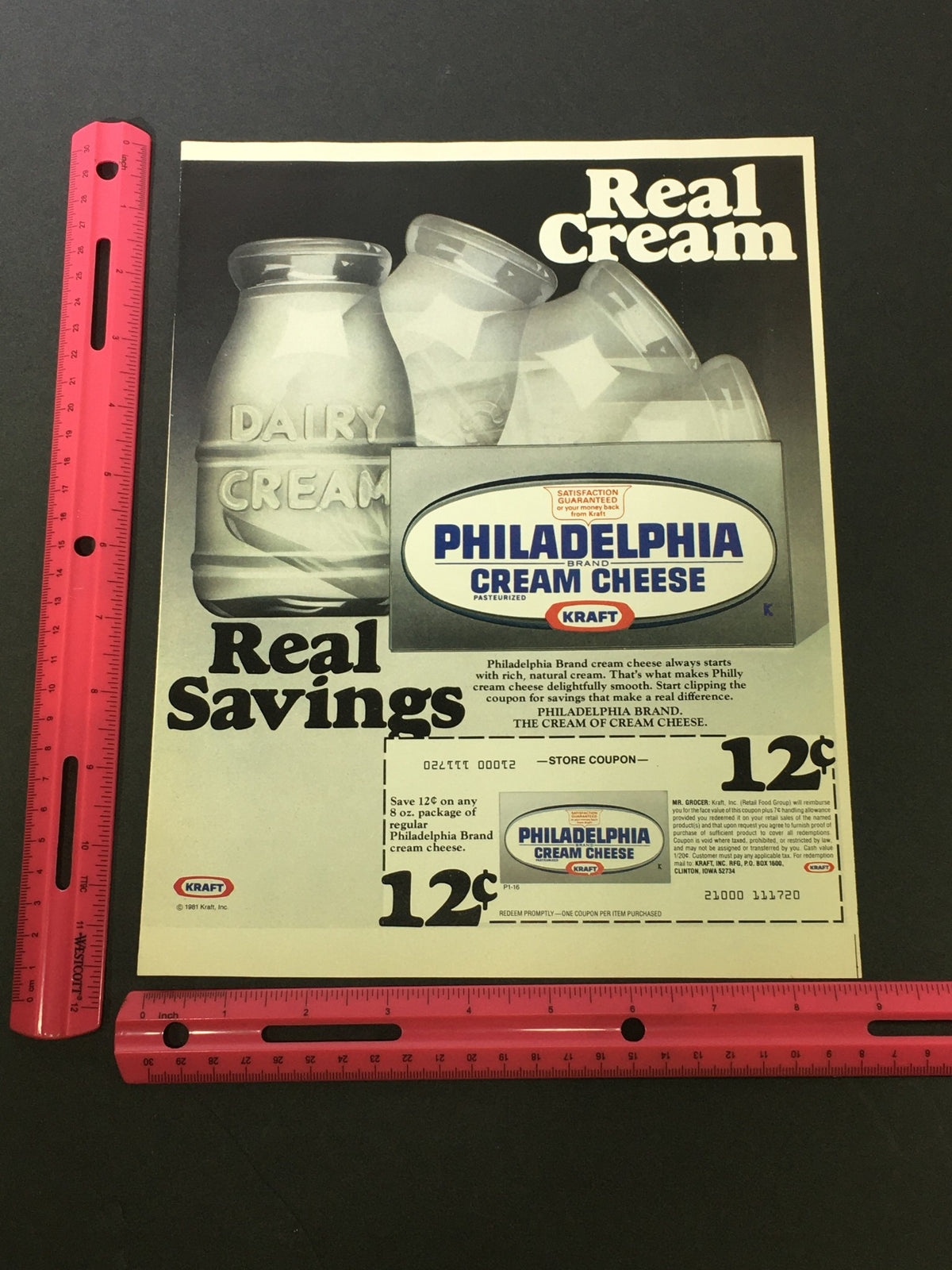 VTG 1981 Kraft Philadelphia Brand Cream and Cheese Pasteurized Print Ad photographed with measuring tools for size reference, highlighting the cream cheese offer at 12 cents.