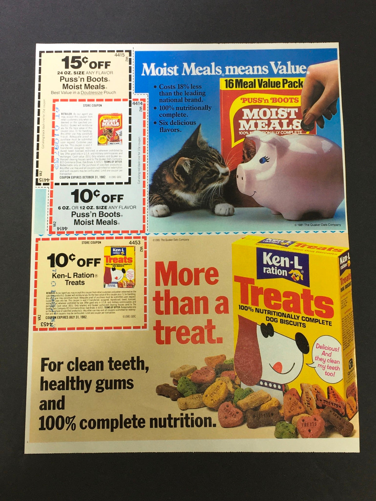 VTG 1981 advertisement for Puss 'n Boots Moist Meals and Ken-L Ration Treats including discount coupons for pet food, featuring a playful kitten and piggy bank imagery.