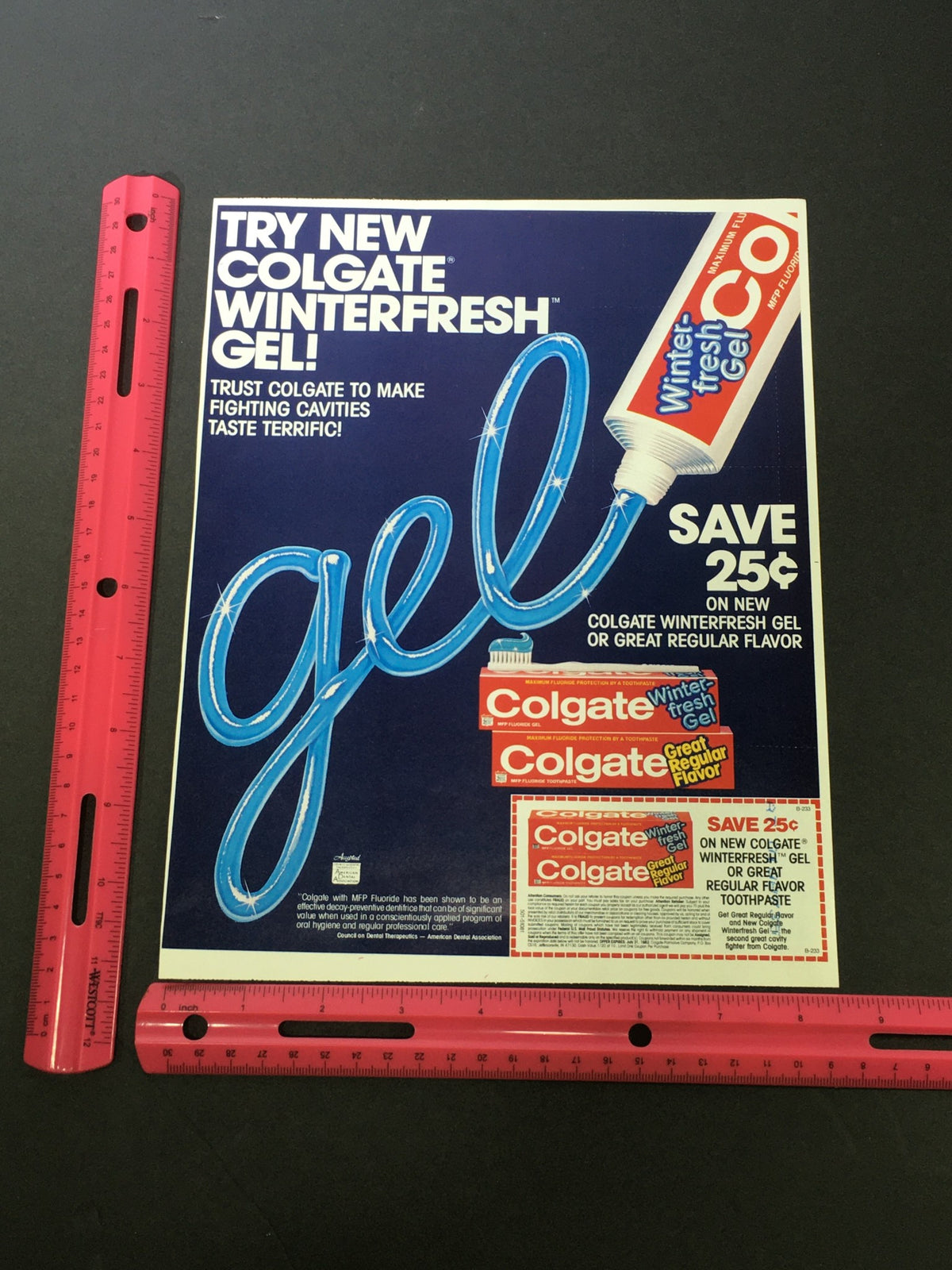 VTG 1981 Colgate Winterfresh Gel or Great Regular Flavor Toothpaste Ad featuring a vibrant design with the word 'gel' prominently displayed, showcasing a coupon to save 25 cents on the product.