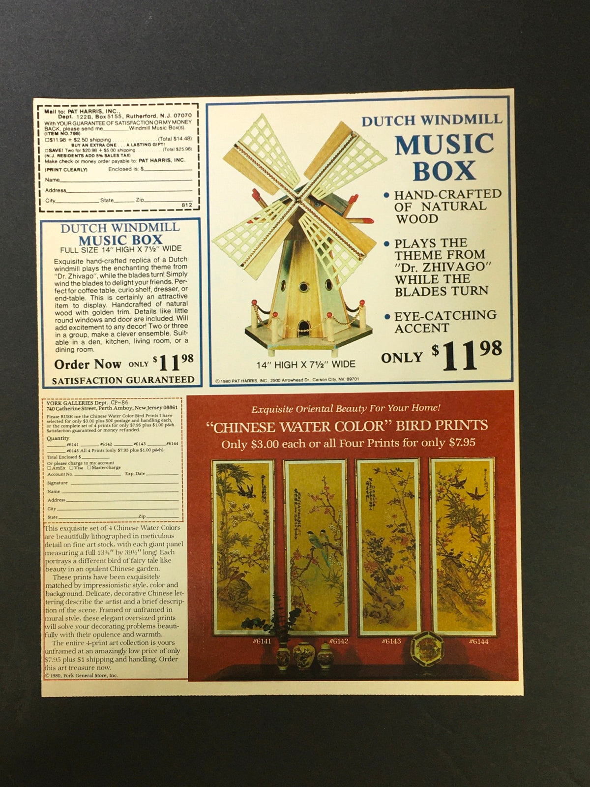 VTG 1981 French's Chili-O Seasoning Mix Prize Recipe Collection Print Ad showcasing a colorful Dutch Windmill music box advertisement along with Chinese Water Color Bird Prints.