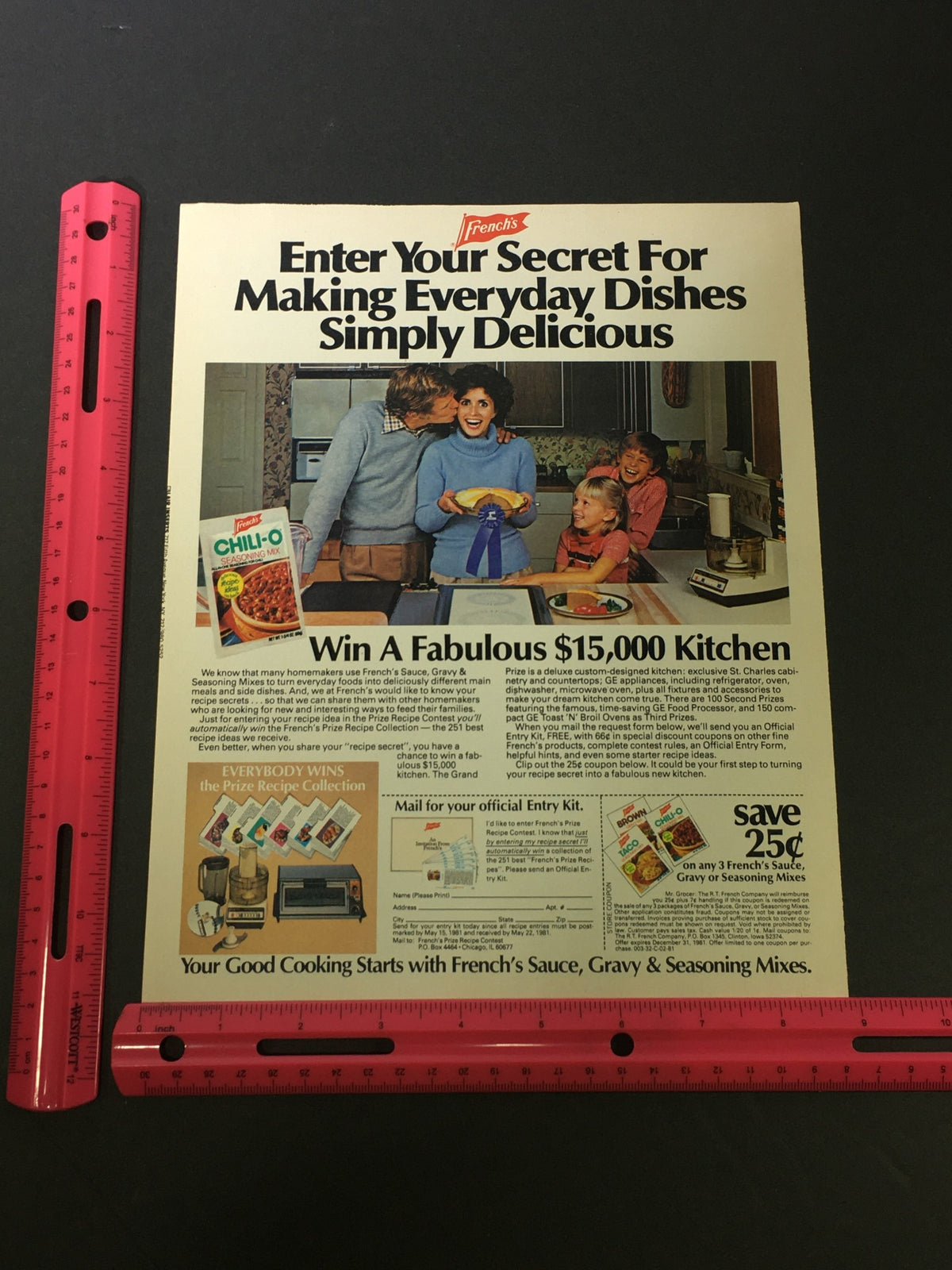 VTG 1981 French's Chili-O Seasoning Mix Prize Recipe Collection Print Ad with a family gathered around a kitchen table, alongside a ruler for scale, emphasizing cooking and family traditions.