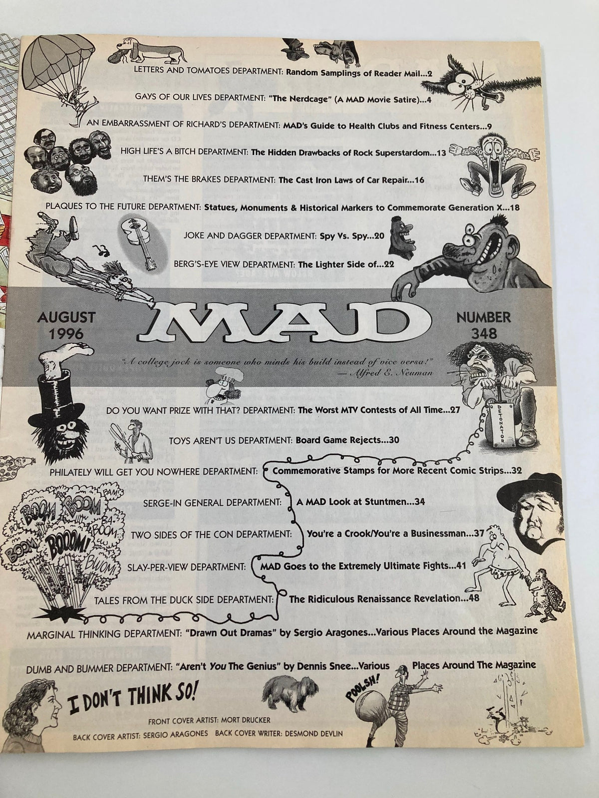 Mad Magazine August 1996 No. 348 interior page listing humorous articles and segments, including 'Letters and Tomatoes,' 'GAYS OF OUR LIVES,' and more, reflecting the magazine's comedic style.