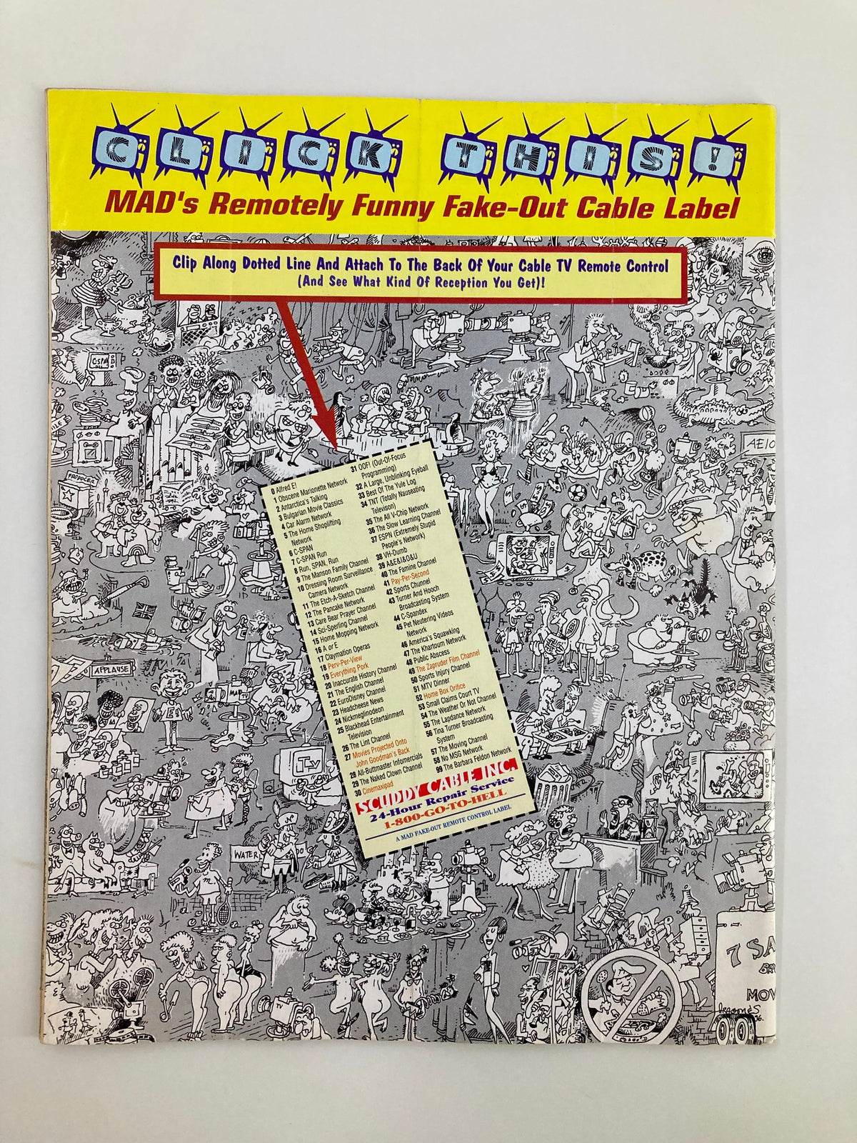 Cover of Mad Magazine August 1996 No. 348 featuring 'Click This! MAD's Remotely Funny Fake-Out Cable Label', showcasing humorous illustrations and TV channel list.