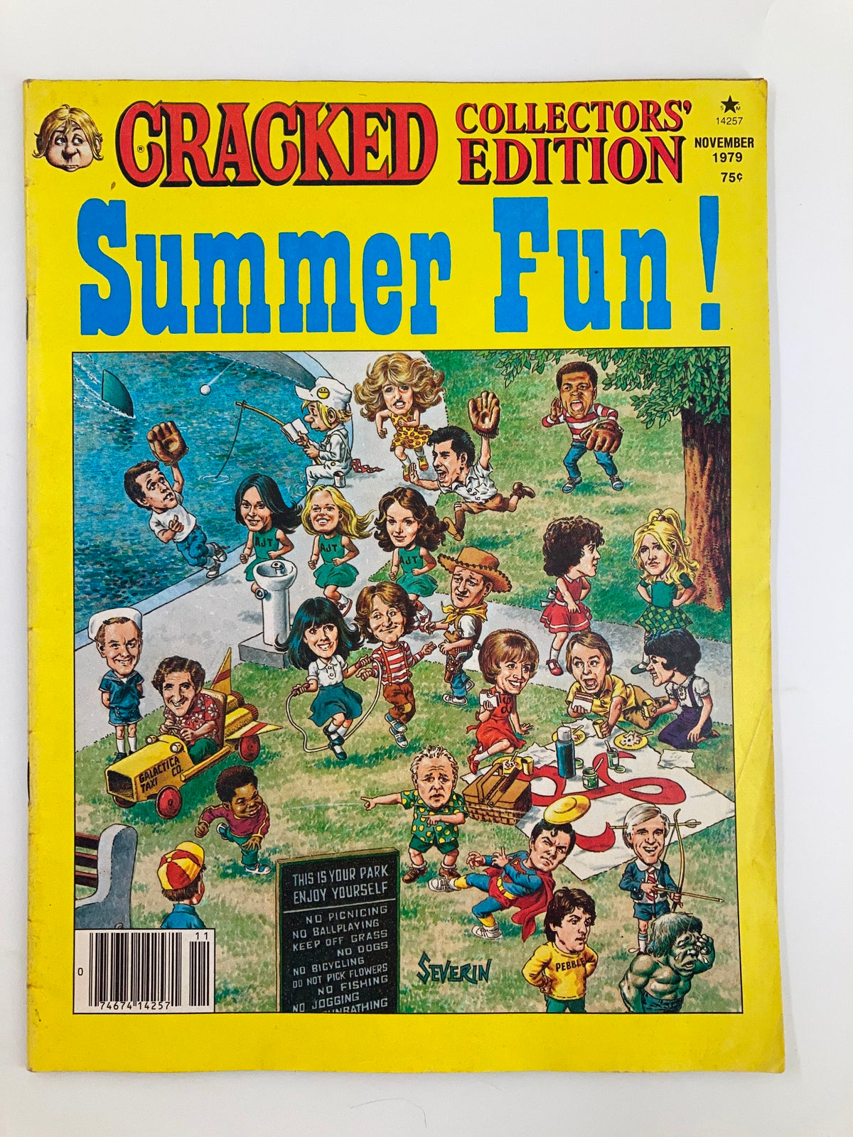 Cover of Cracked Magazine November 1979 Summer Fun Collector's Edition featuring colorful caricatures of people engaged in outdoor summer activities, framed by a vibrant yellow background.