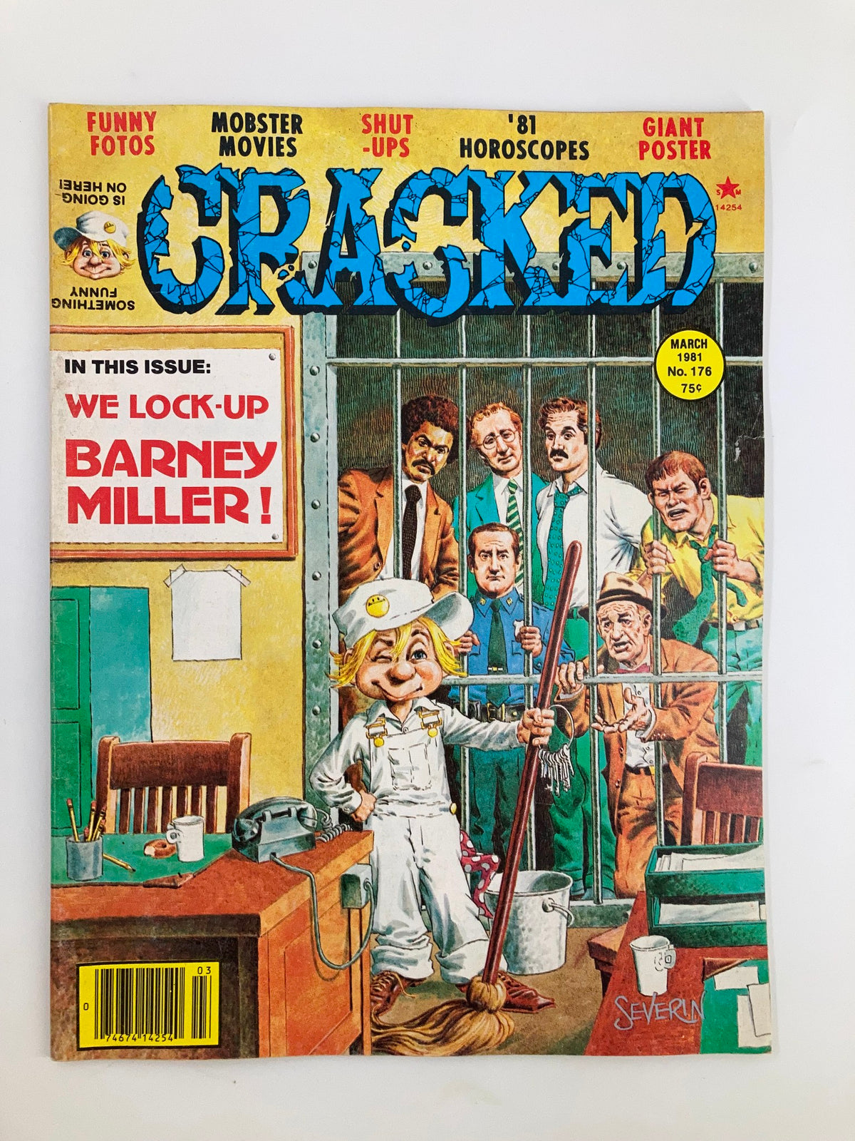Cover of Cracked Humor Magazine March 1981 No. 176 featuring a humorous illustration of a child in a prison setting with references to the TV show 'Barney Miller.' This vintage magazine embodies the comedic style of the early 1980s.