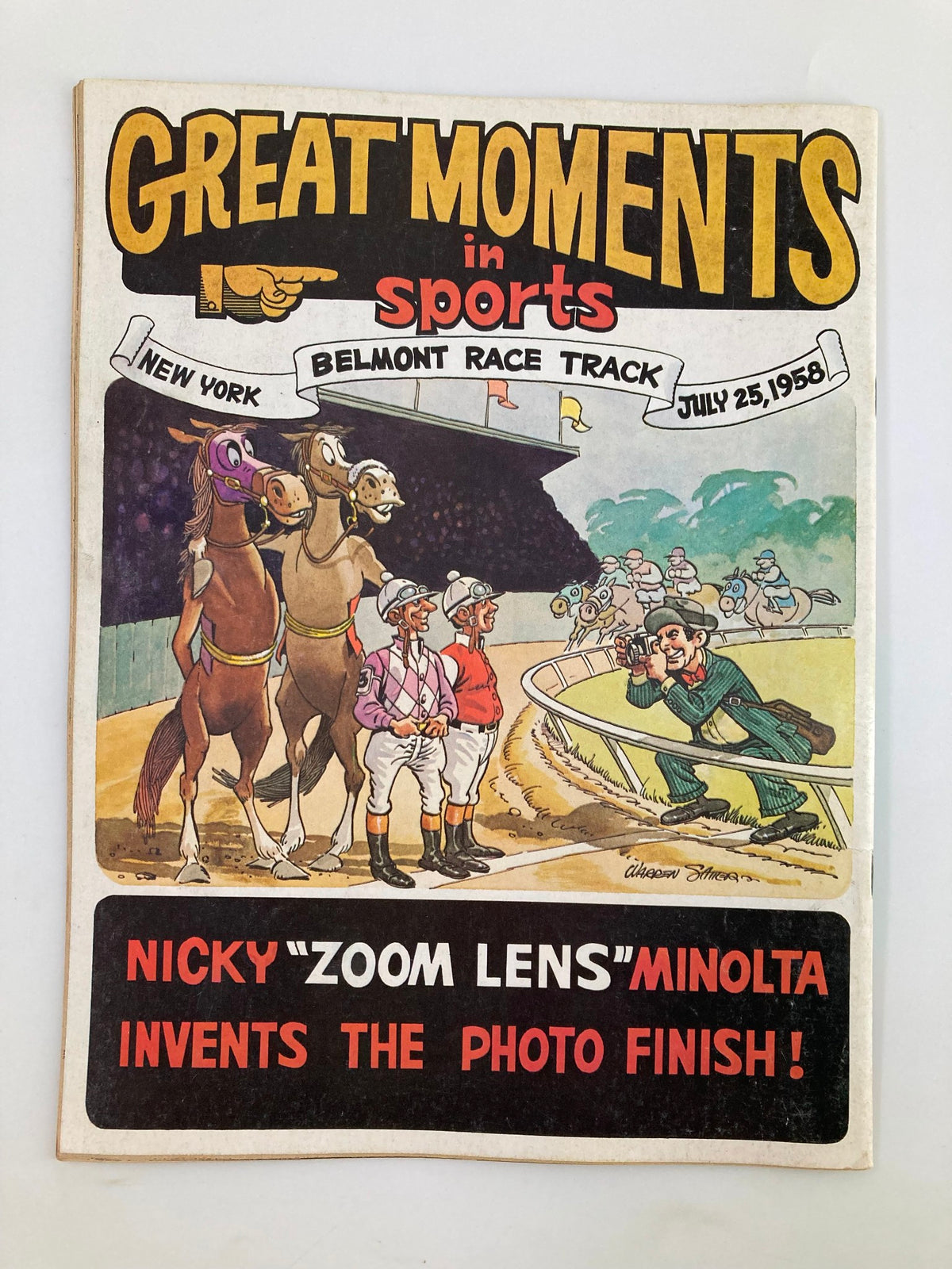 Vintage cover of Great Moments in Sports magazine dated July 25, 1958, depicting a humorous scene at Belmont Race Track. This magazine illustrates old-time sports humor and nostalgia.