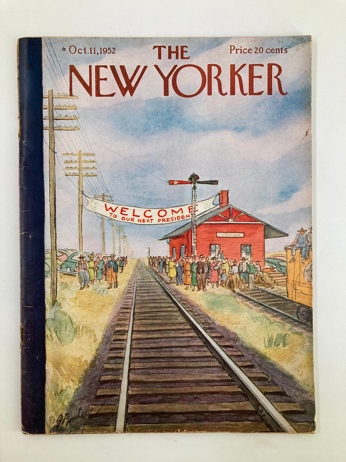 Cover of the VTG New Yorker Full Magazine October 11, 1952 featuring the title 'Welcome President' by Perry Barlow, depicting a welcoming scene for a presidential event.