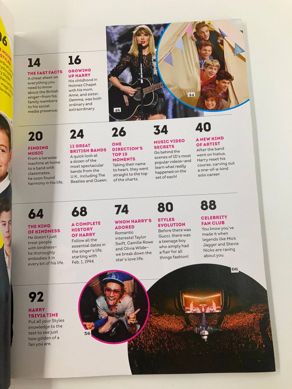 Another contents page from Music Spotlight Magazine April 2021 with brief descriptions of features about Harry Styles, highlighting significant moments and his evolution as an artist.