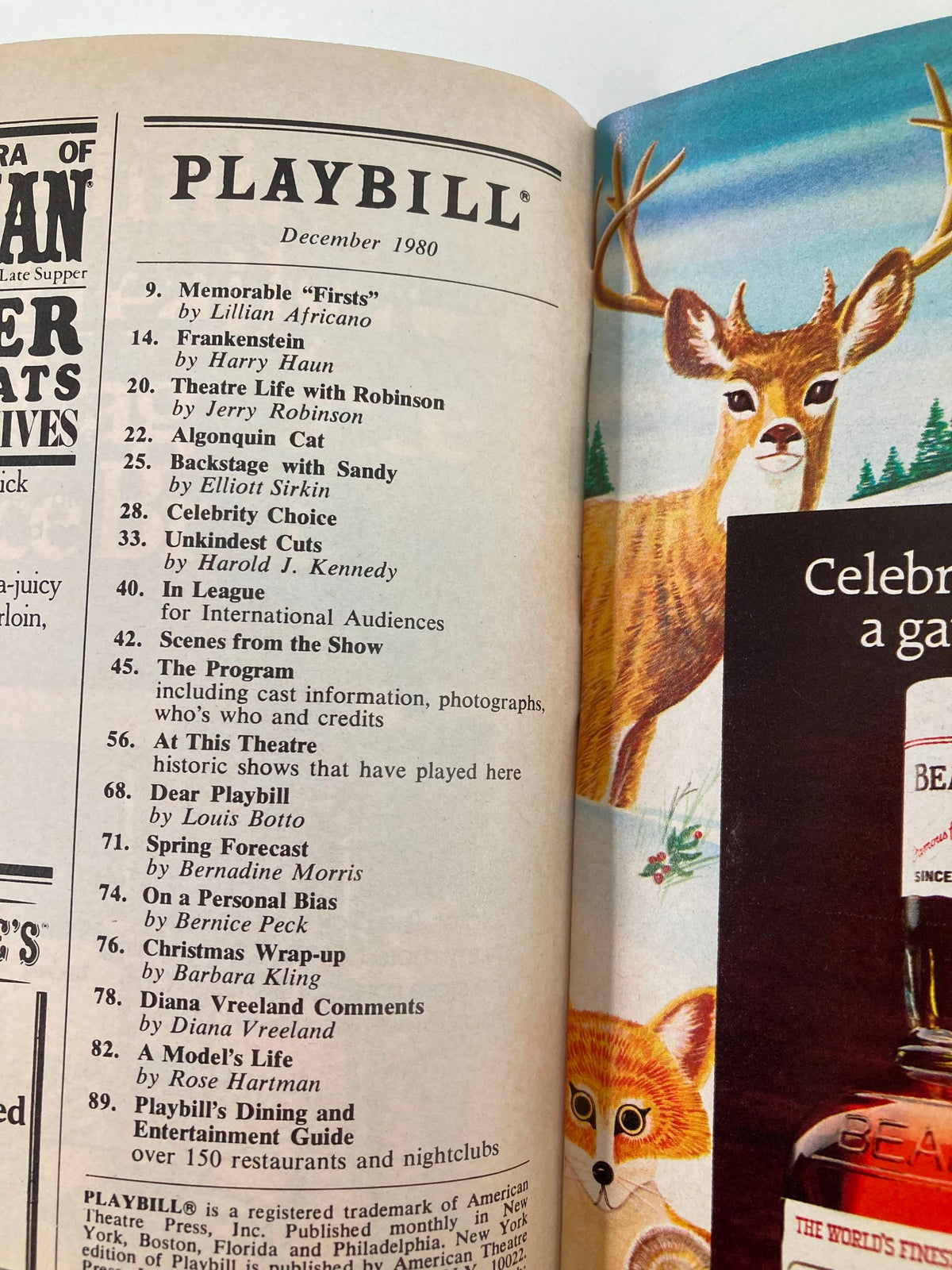 Inside page of the 1980 Playbill for 'Annie', detailing cast members, crew, and program notes, showcasing the December 1980 edition.