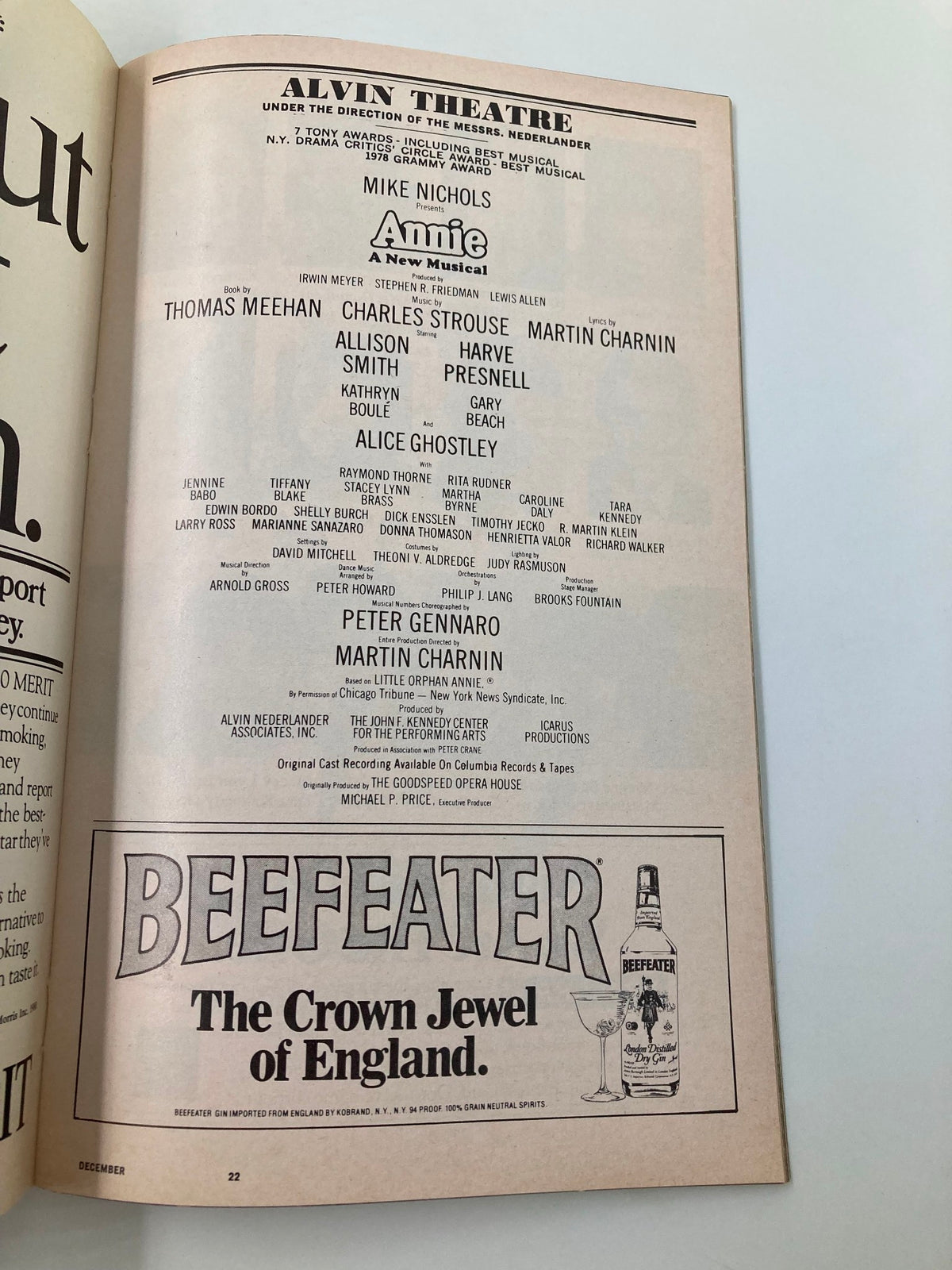 1980 Playbill from Alvin Theatre featuring the musical Annie, showcasing the cast including Allison Smith and Harve Presnell, highlighting the production details and advertisement for Beefeater Gin.