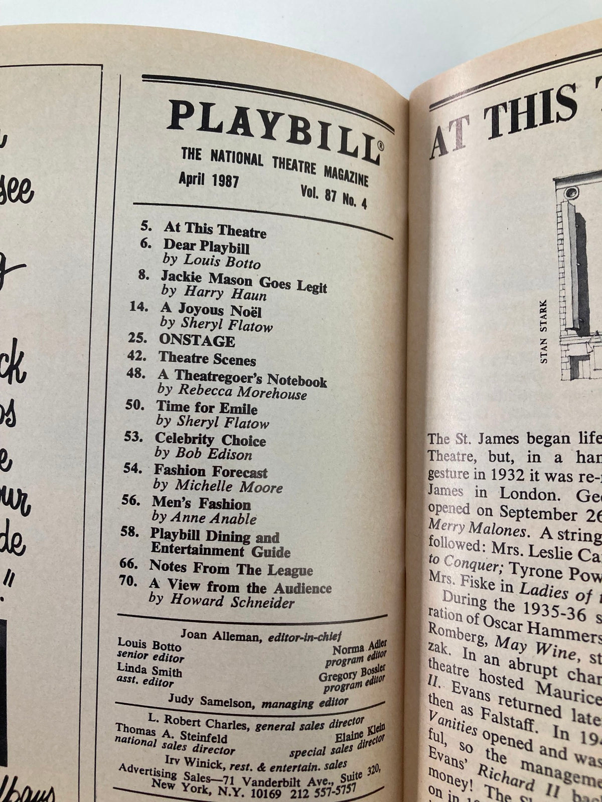 Inside page of the April 1987 Playbill showcasing various articles and features related to Broadway theatre.