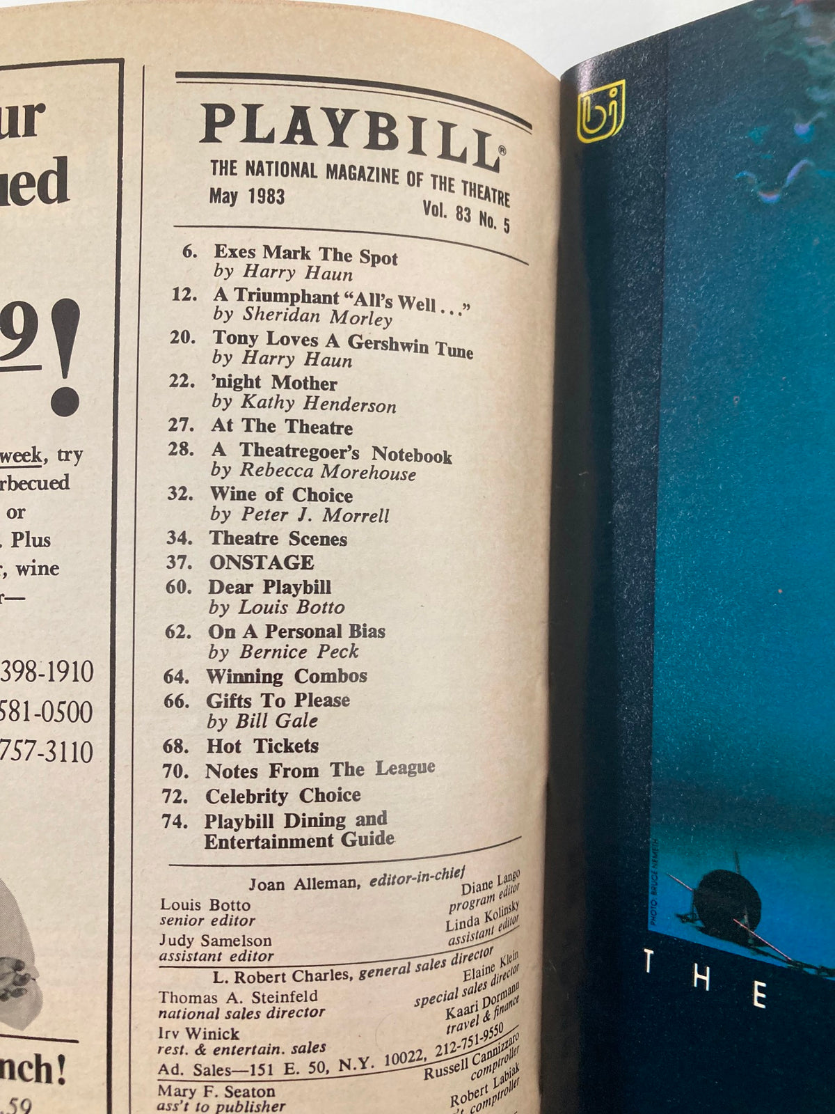 Interior page of a May 1983 Playbill featuring various articles and highlights related to theatre, including the show 'Amadeus'.