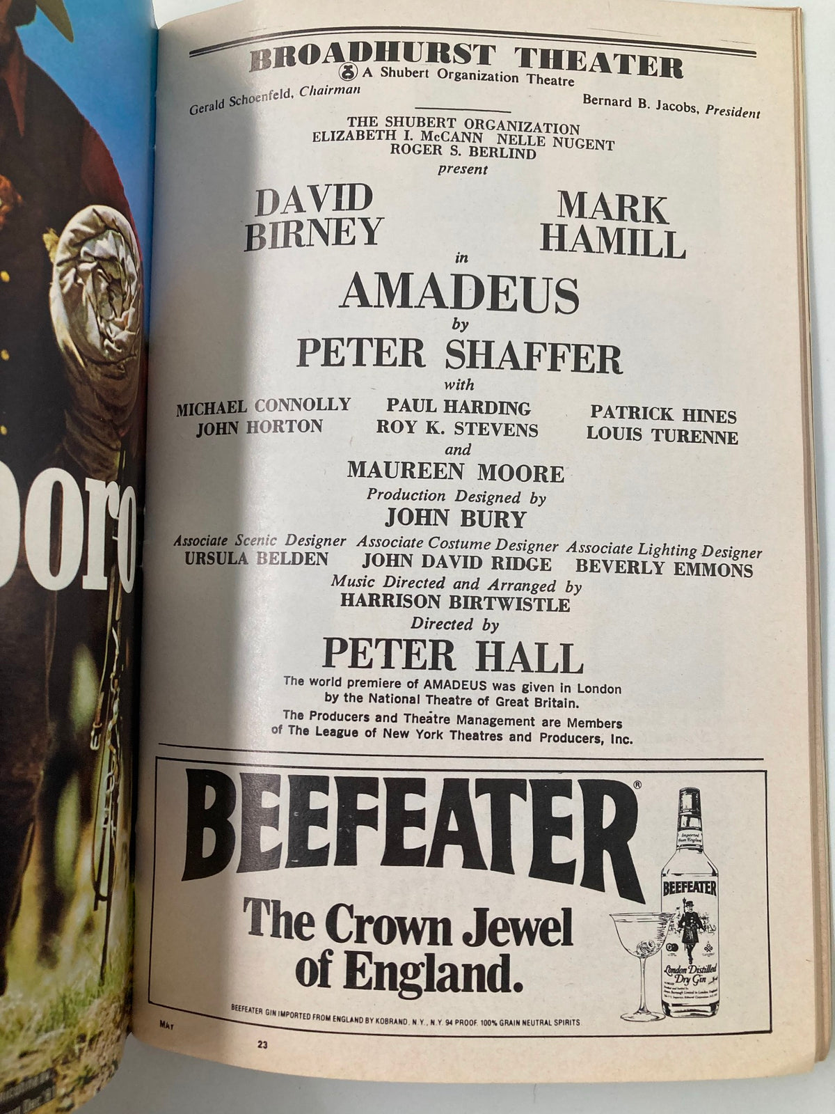 Advertisement in May 1983 Playbill for the production 'Amadeus' at Broadhurst Theatre, showcasing cast members David Birney and Mark Hamill.