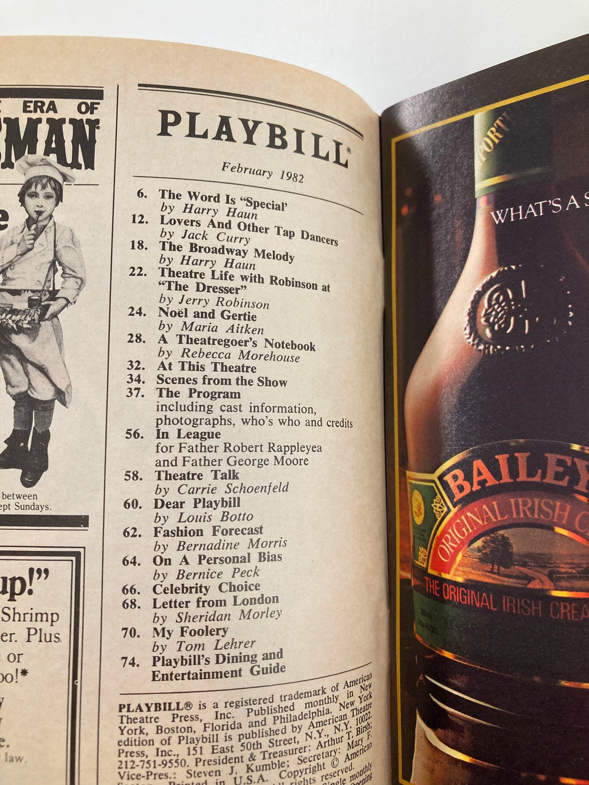 Interior page of the 1982 Playbill for 'Woman of the Year', including cast and production details, reflecting the vibrant history of Broadway in February 1982.