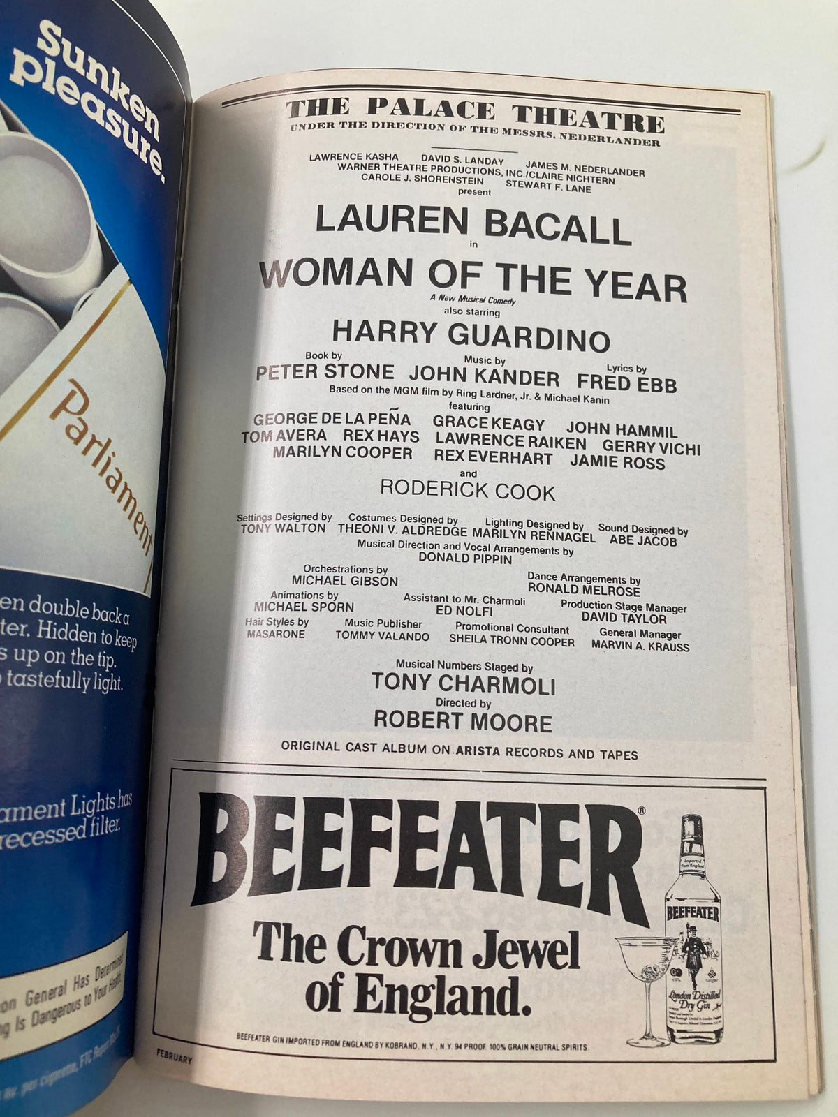 1982 Playbill for The Palace Theatre featuring Lauren Bacall in the production 'Woman of the Year', showcasing details of the performance and cast.