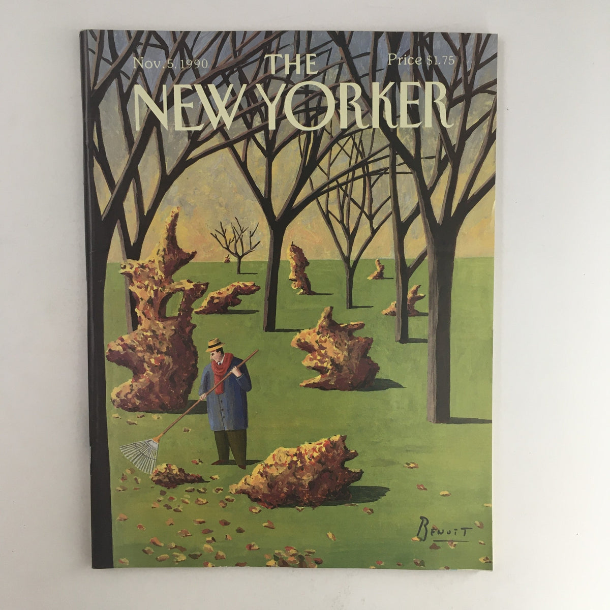 The New Yorker November 5 1990 magazine cover featuring artwork by Benoit van Innis, depicting a man raking leaves in a park with trees and autumn scenery.