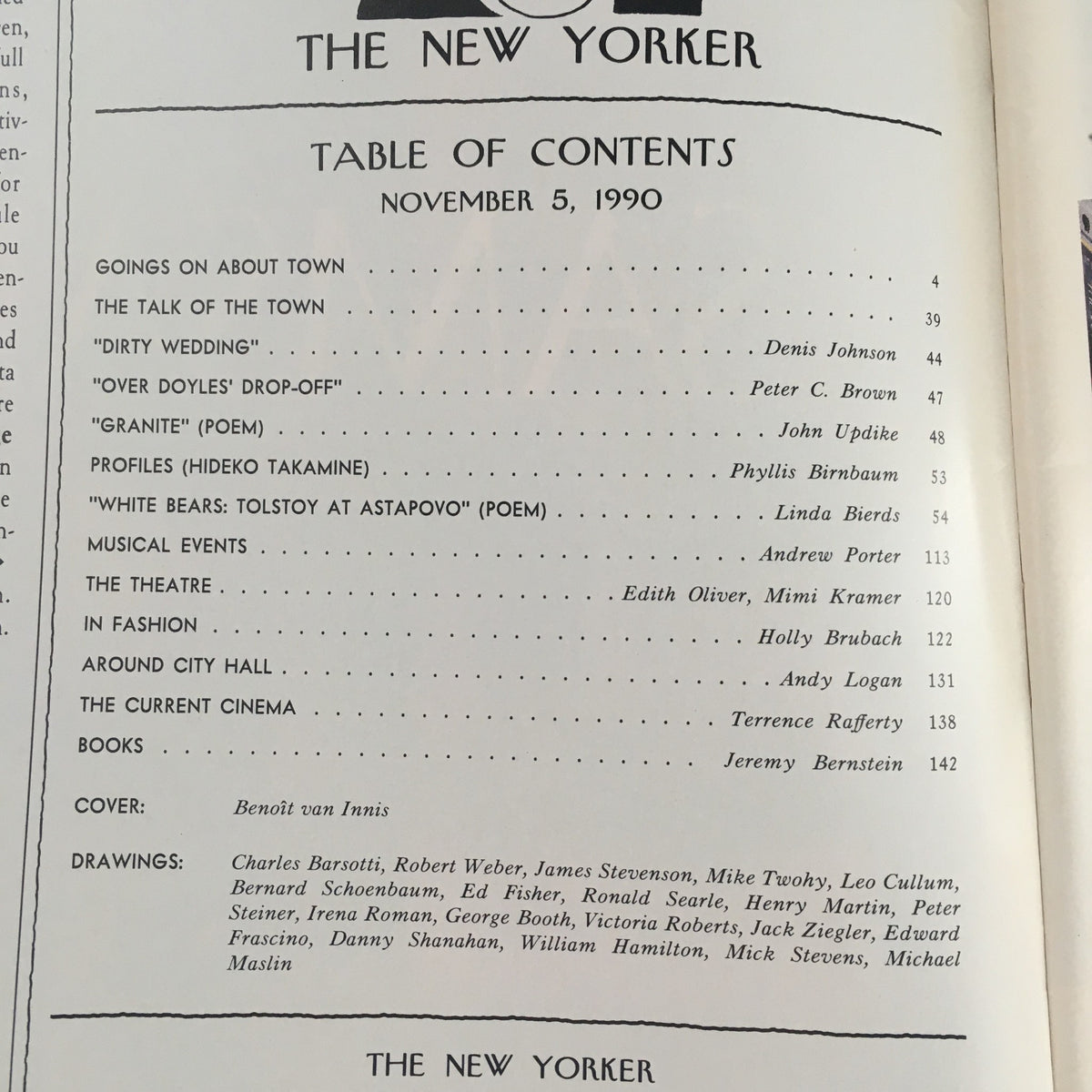 Table of contents for The New Yorker November 5 1990 issue, highlighting various articles and features, including contributions by notable authors and the cover by Benoit van Innis.