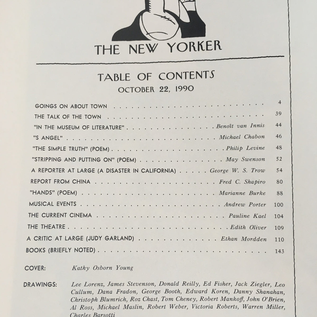 The New Yorker October 22 1990 Table of Contents, showcasing articles and features from that issue, highlighting the creative contributions of various authors and illustrators.