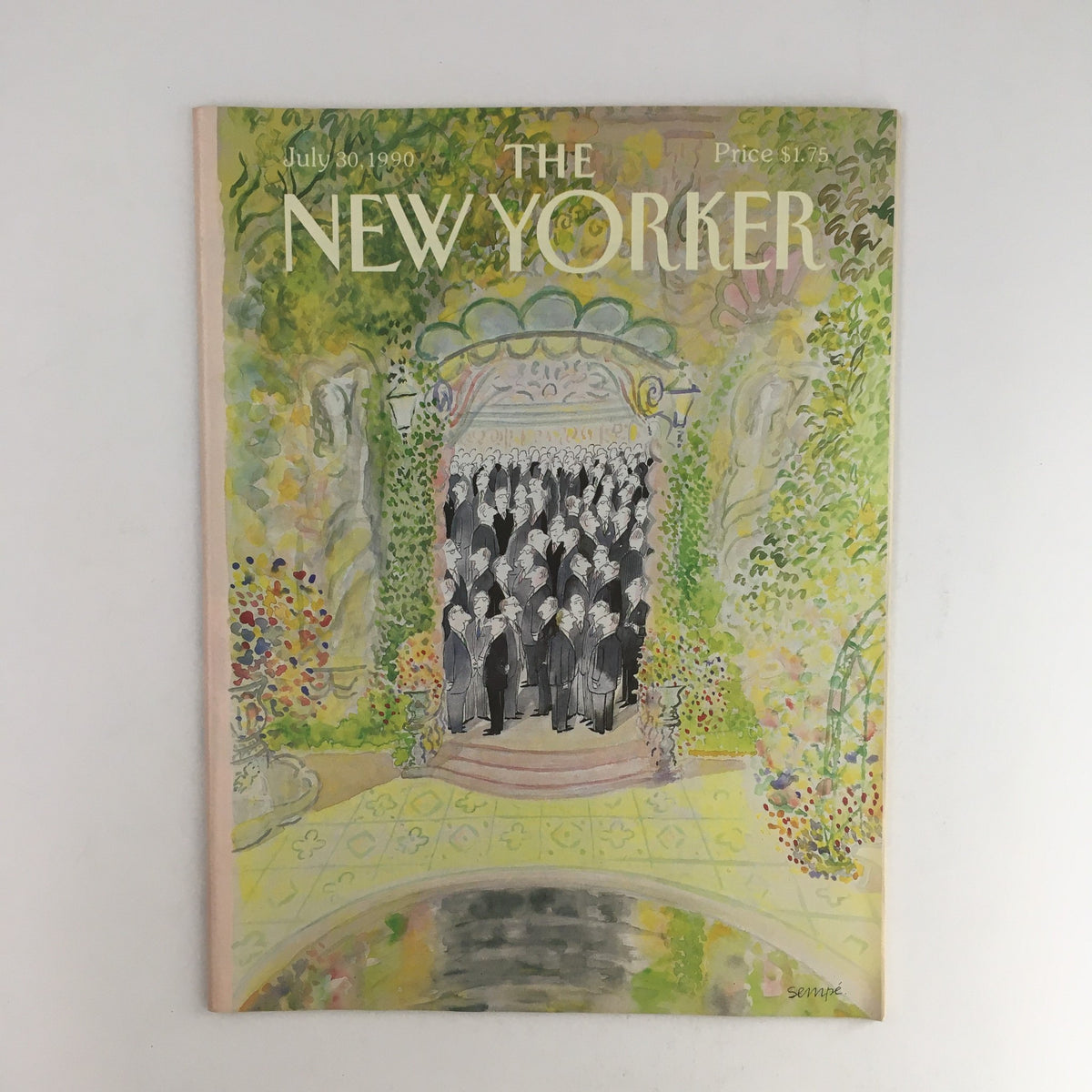 The New Yorker July 30 1990 Full Magazine Cover featuring artwork by Jean-Jacques Sempé, showcasing an illustrated scene with figures and lush greenery.