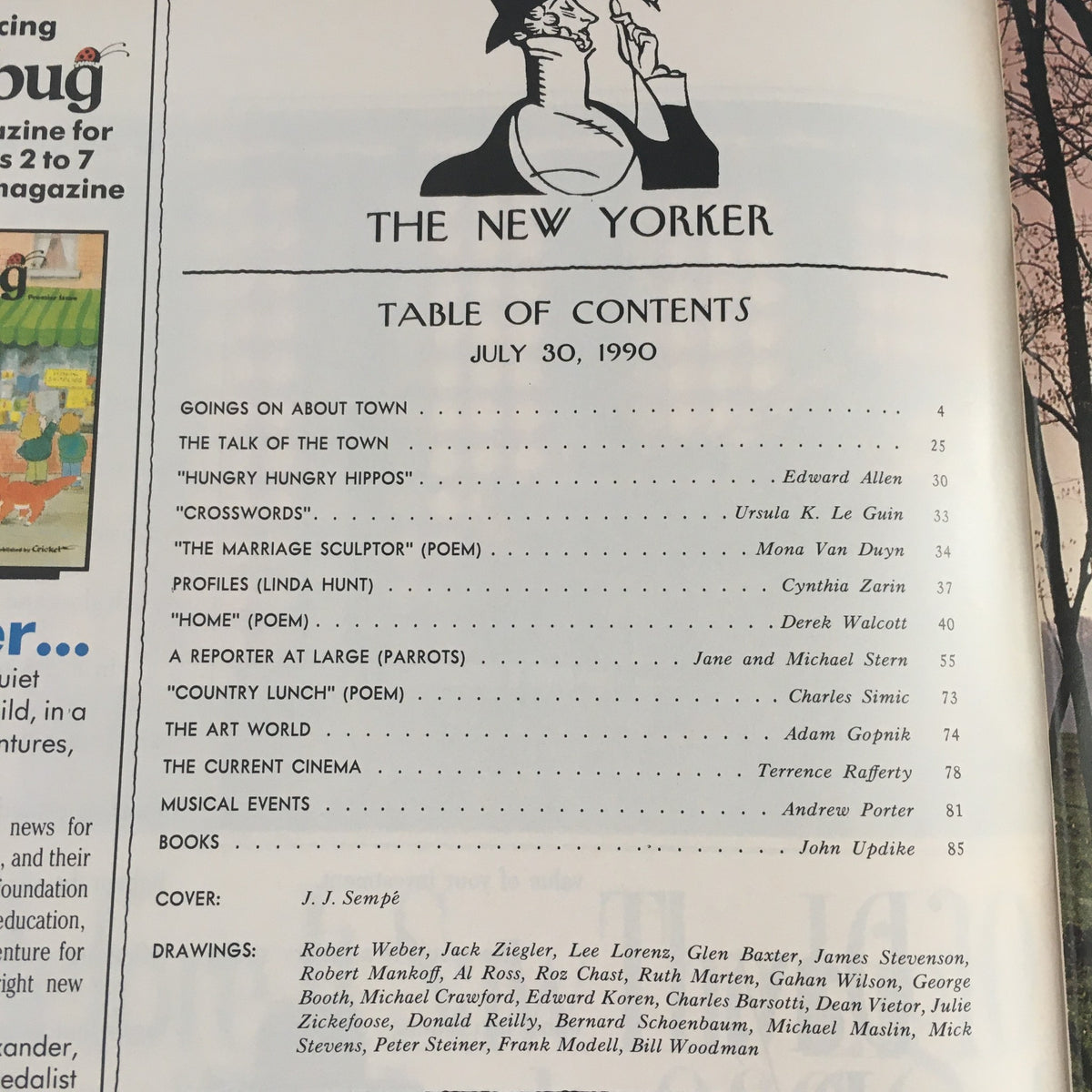 The New Yorker July 30 1990 Table of Contents page detailing articles and features, including contributions from various authors and a cover by J.J. Sempé.
